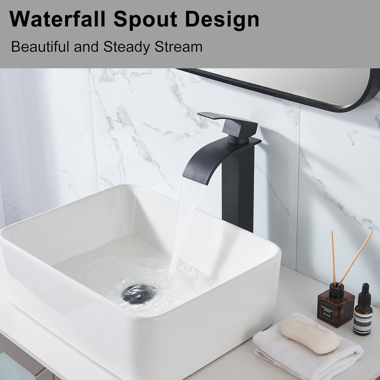 Waterfall Bathroom Faucet Single Handle，Bathroom Sink Faucet 1 Hole，Waterfall Faucet for Bathroom Sink，Vessel Sink Faucet Matte Black Tall Bathroom Faucet