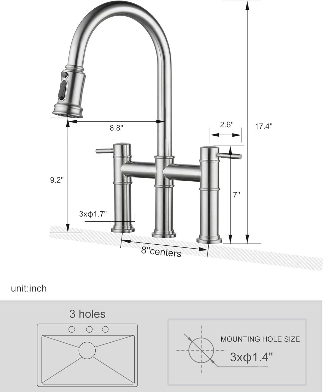 Brushed Nickel Double Handle Bridge Kitchen Faucet with Pull Down Sprayer