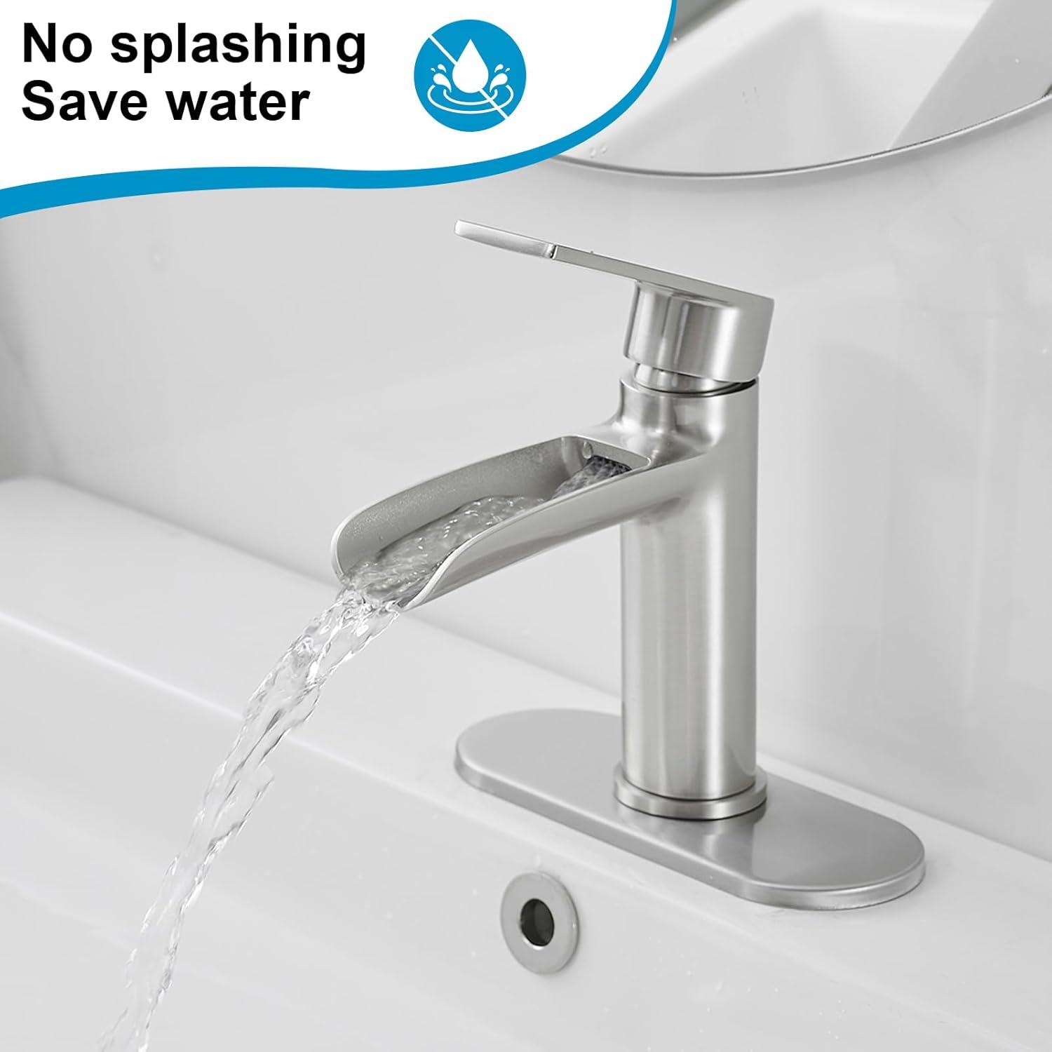 BWE Bathroom Faucets Waterfall Bathroom Faucet with Pop Up Drain for Bathroom Sink Single Hole Farmhouse RV Bathroom Basin Faucet Brushed Nickel