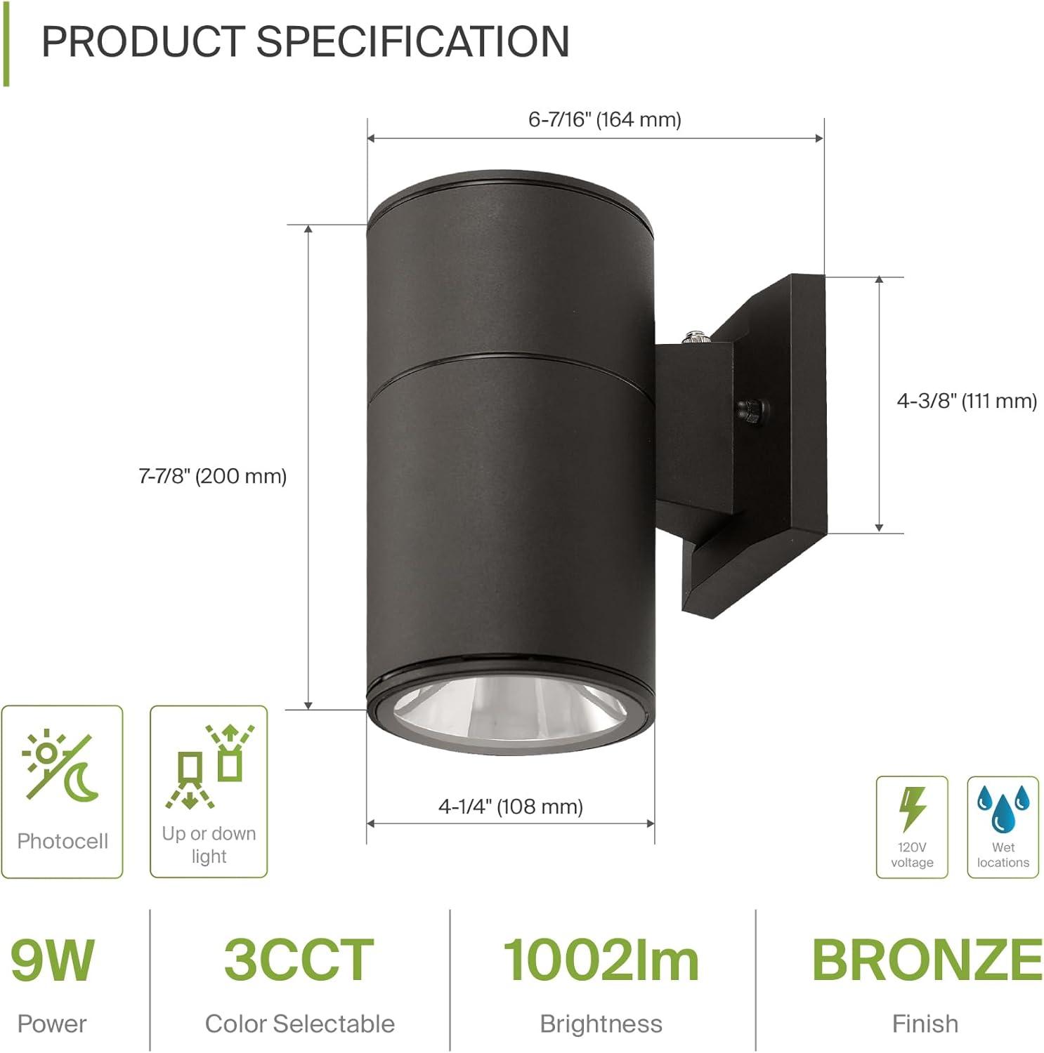 ASD LED 1-Way Round Cylinder Wall Light Fixture | 9W 1000LM 3000-5000K 120V | 3CCT, Photocell, Wateproof, ETL Listed | Exterior Patio Lighting Sconce, Dusk to Dawn Outdoor Lamp | Dark Bronze