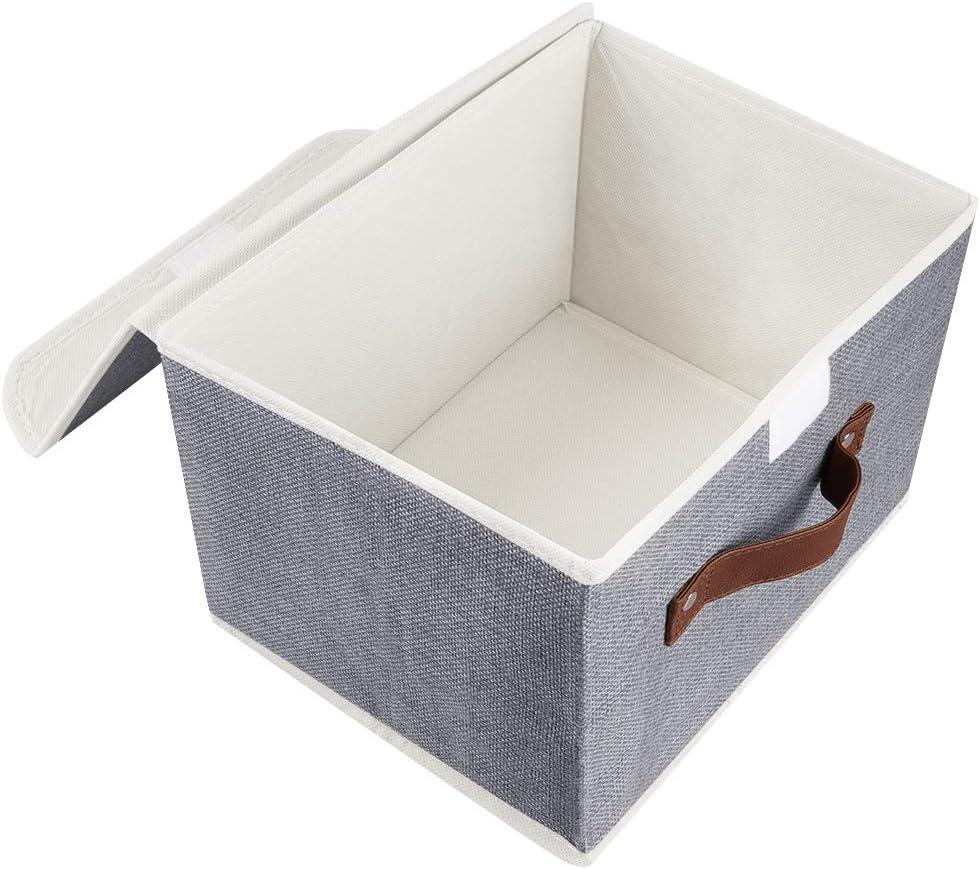 Gray Collapsible Fabric Storage Cubes with Lids and Faux Leather Handles