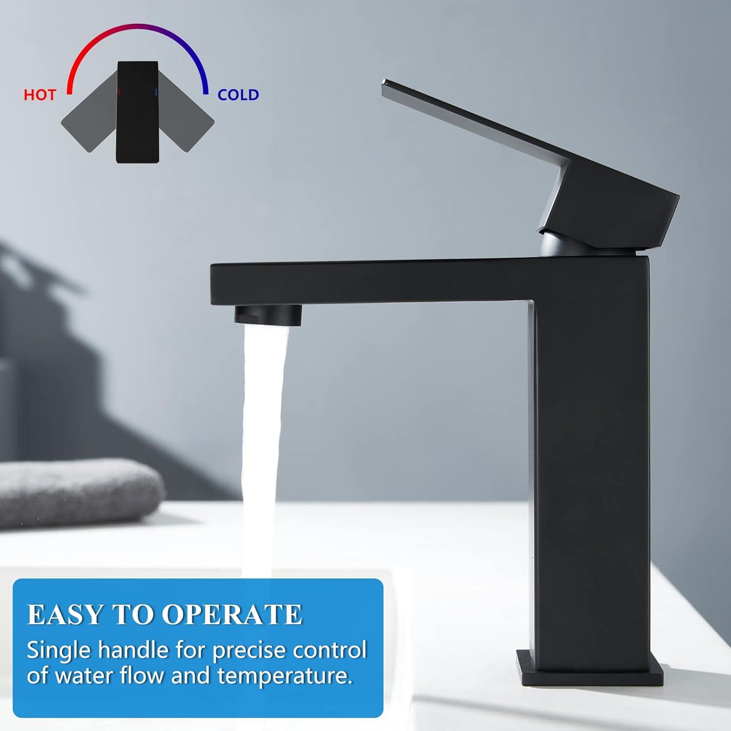 Matte Black Single Handle Bathroom Sink Faucet, Stainless Steel Bathroom Faucet with cUPC Certified Water Supply Hoses, Commercial Vanity Faucet Modern Single Hole RV Bathroom Faucets