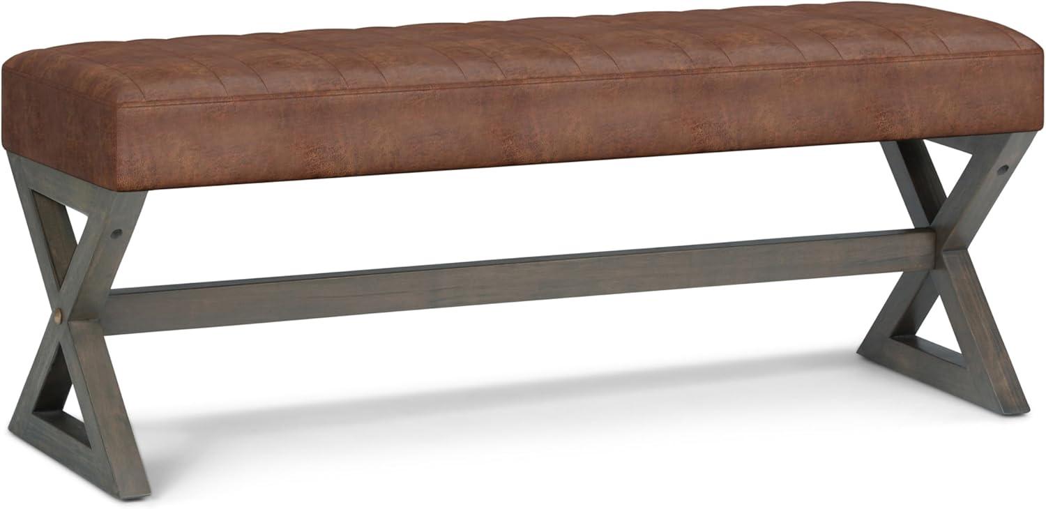 Simpli Home Salinger 48"W Large Ottoman Bench in Distressed Vegan Leather with Solid Wood Frame