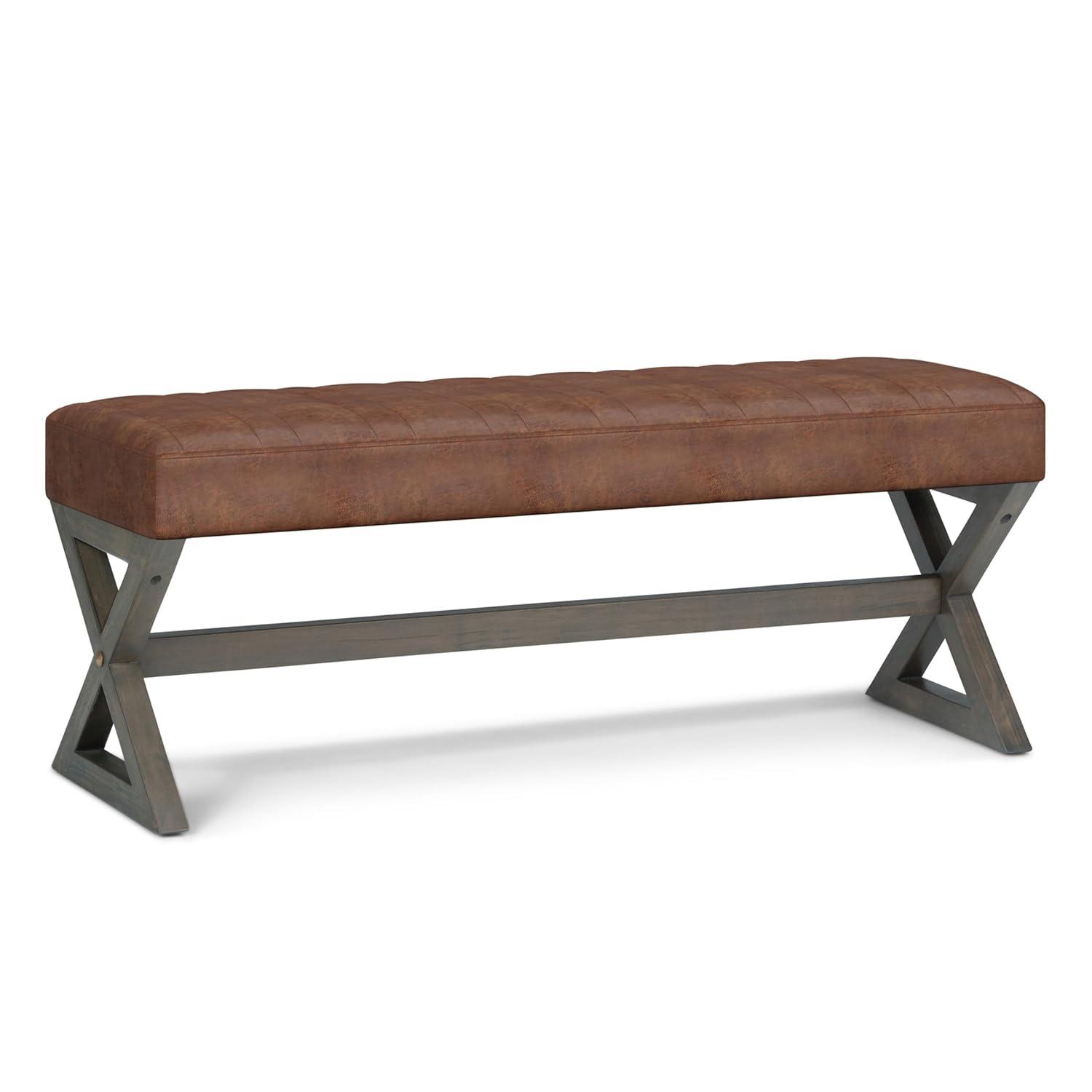 Simpli Home Salinger 48"W Large Ottoman Bench in Distressed Vegan Leather with Solid Wood Frame