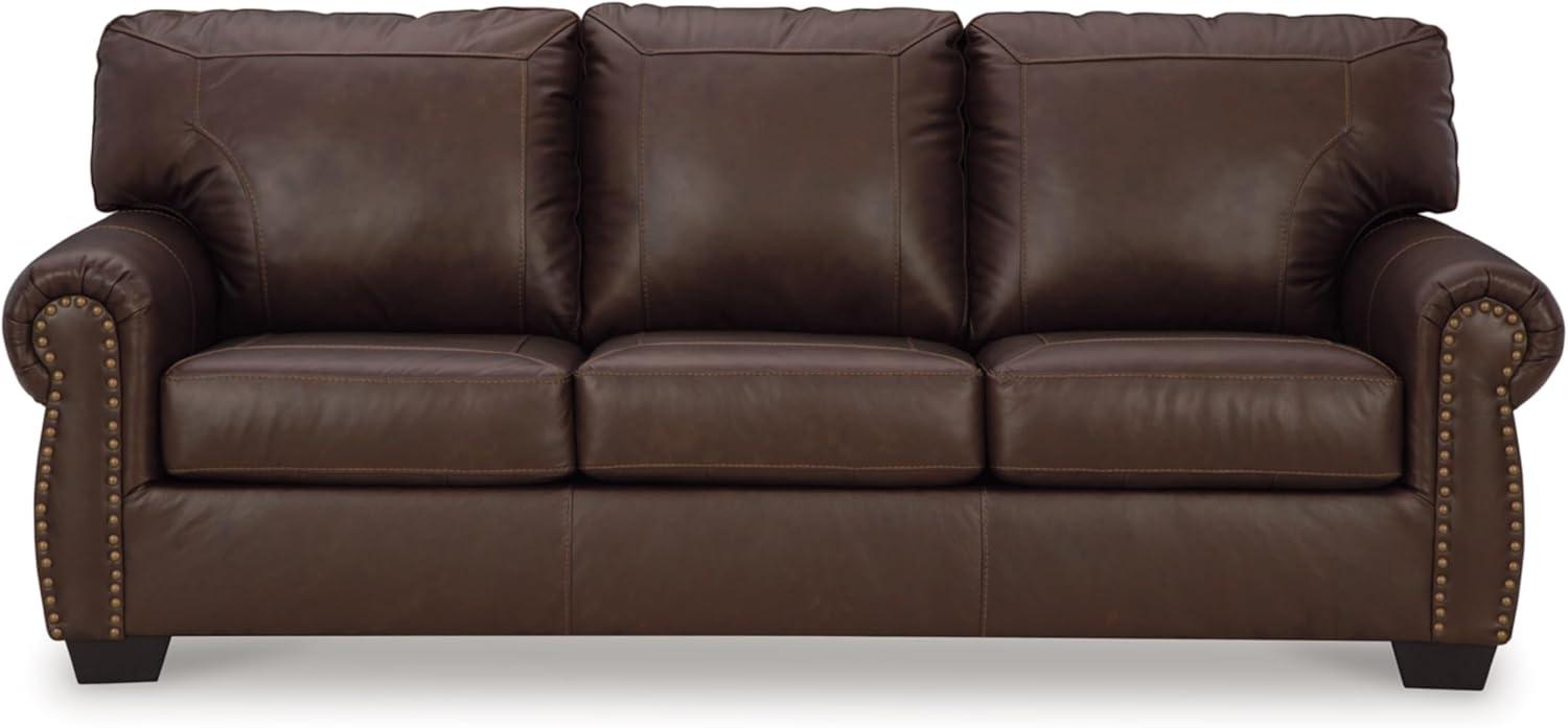 Traditional Brown Faux Leather Sofa with Nailhead Trim