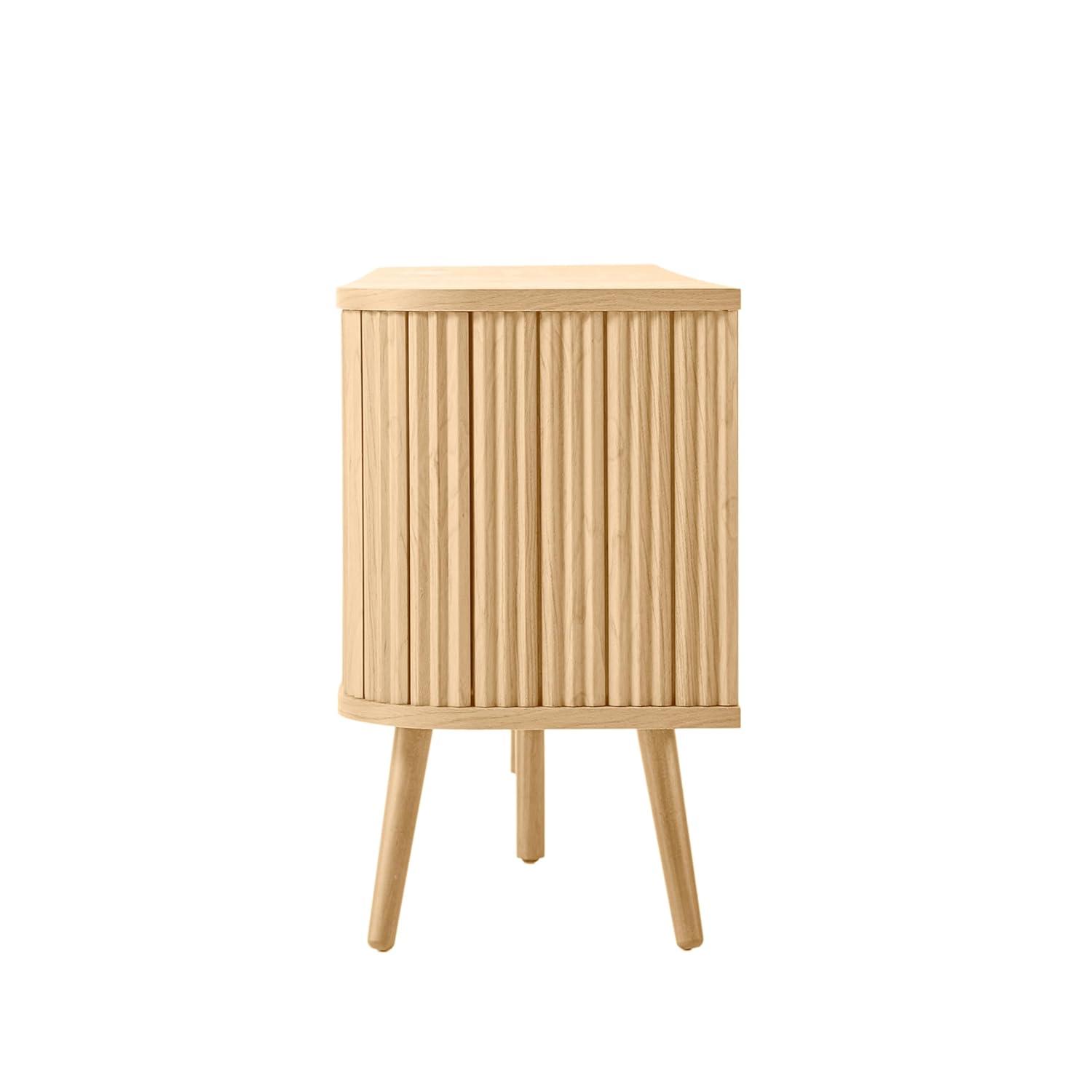 JONATHAN Y Damien 70 in. Farmhouse Curved TV Stand with Drawer and Storage Doors Fits TVs up to 75 in. with Cable Management, Oak