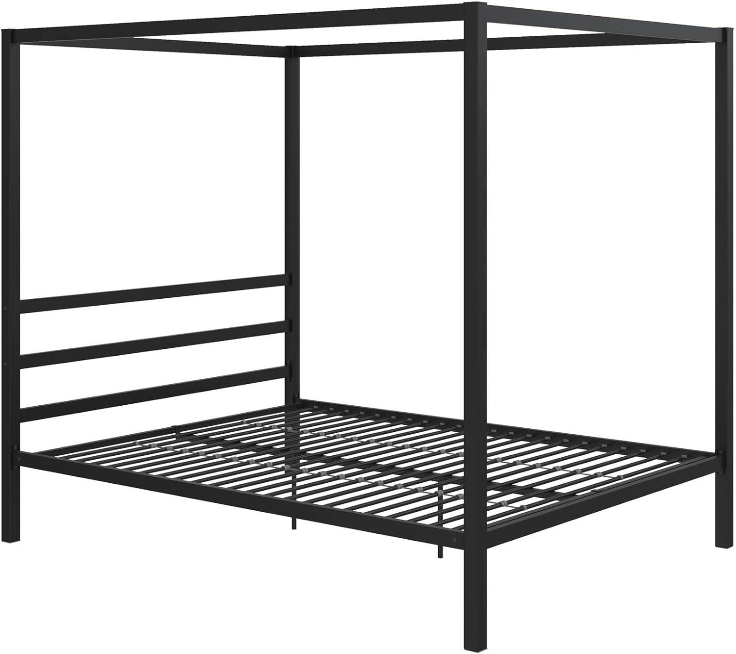 Queen Black Metal Canopy Platform Bed with Headboard and Slats