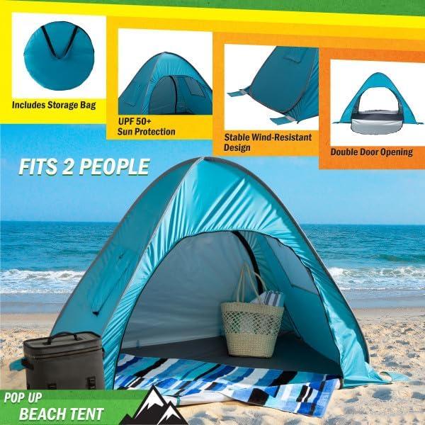 wakeman Wakeman Pop Up Beach Tent - Fits 2 People - Sun Shelter with UV Protection and Ventilation, Blue