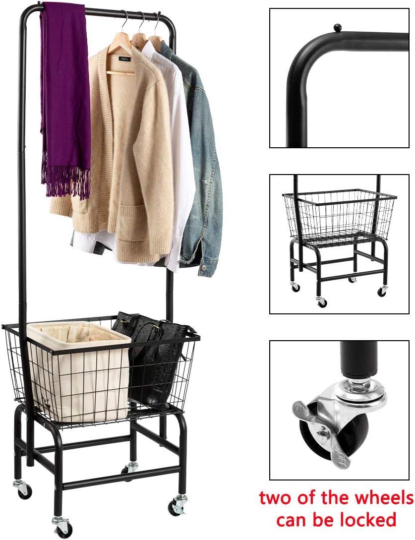 Black Metal Rolling Laundry Cart with Wire Storage Rack