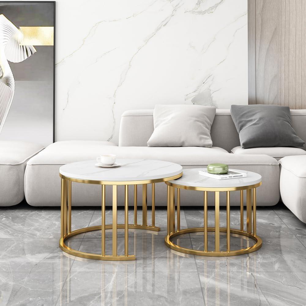Round Nesting Coffee Table, Set of 2 Modern Coffee Table with Faux Marble Top, Gold Metal Frame White Nesting Table for Living Room, Apartment, Office (White + Gold)