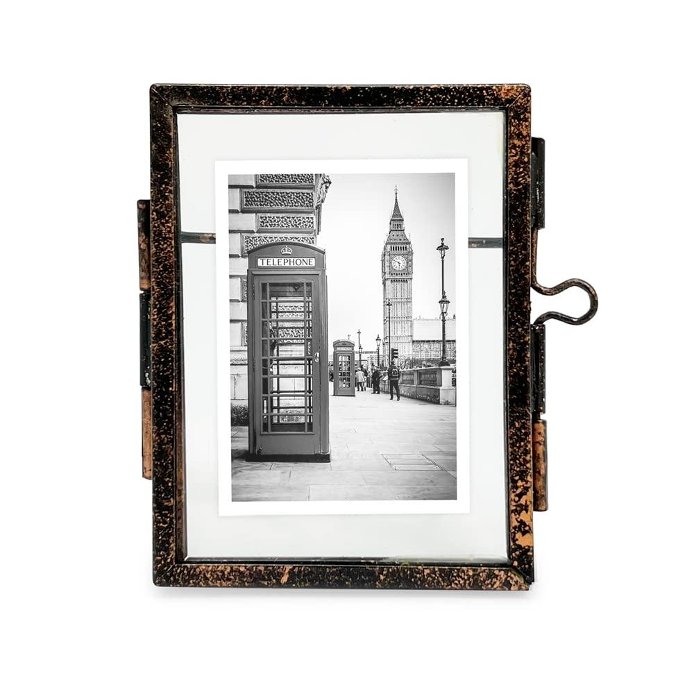 Isaac Jacobs 2x3, Antique Bronze, Vintage Style Brass and Glass, Metal Floating Picture Frame Vertical with Locket Closure, for Photos, Art, More, Tabletop Display 2x3 Antique Bronze