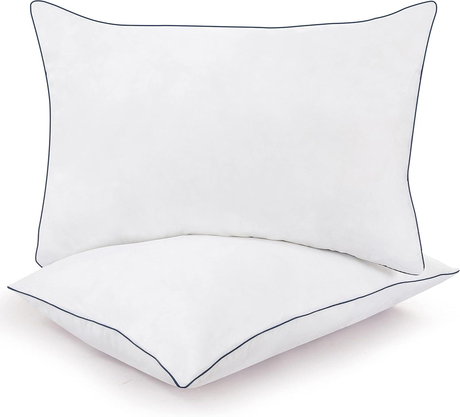 Queen Size White Polyester Bed Pillows with Navy Piping - Set of 2