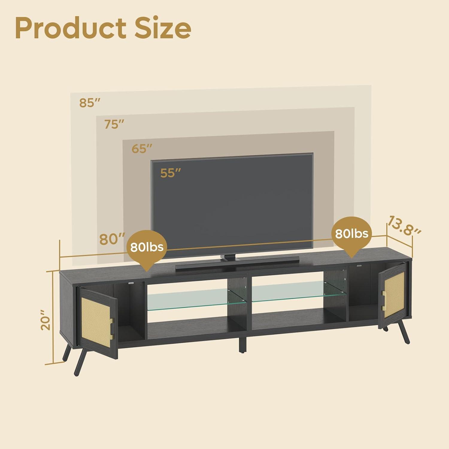 Bay Isle Home™ Alwies 80 inch TV Stand for TVs up to 85", Combinable Entertainment Center with LED Light and Adjustable Shelves, 4-1 Rattan TV console