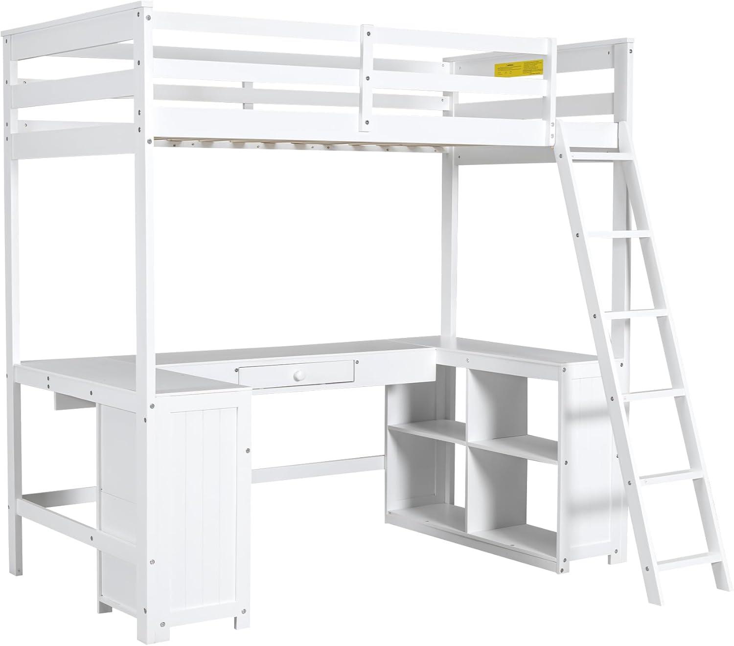 Bellemave Twin Size Loft Bed with U-shaped Desk,Wood Loft Bed Frame for Kids Teens with Drawers and Storage Shelves,No Box Spring Needed(White)