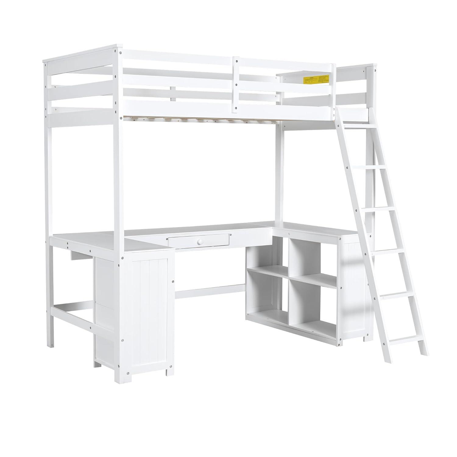 Bellemave Twin Size Loft Bed with U-shaped Desk,Wood Loft Bed Frame for Kids Teens with Drawers and Storage Shelves,No Box Spring Needed(White)