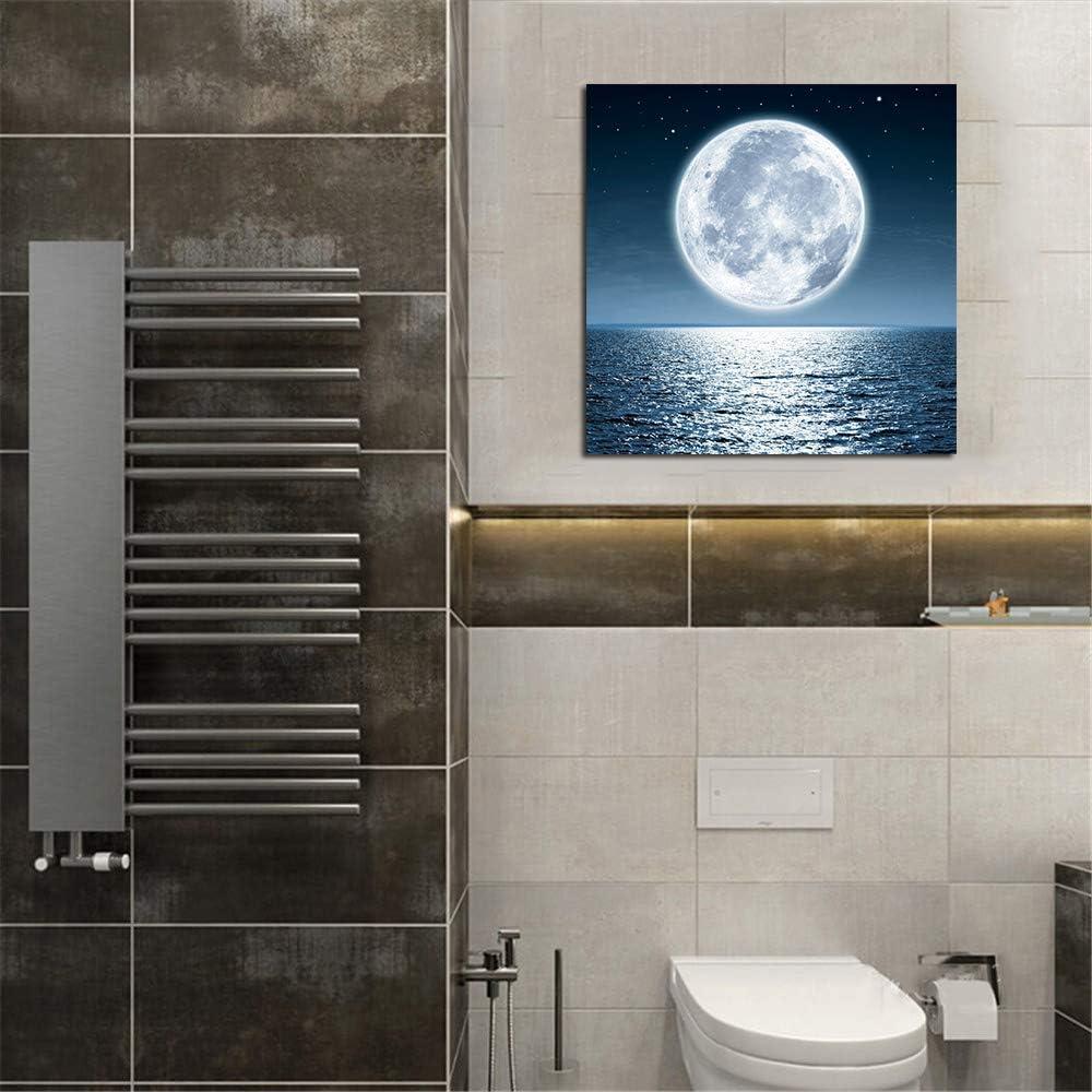 JEUXUS Moon Painting Canvas Wall Art - Moonrise On Sea Ocean Framed Pictures for Living Room Decorations  Home Office Modern Landscape Poster Nature Print Ready to Hang Bedroom Bathroom Artwork