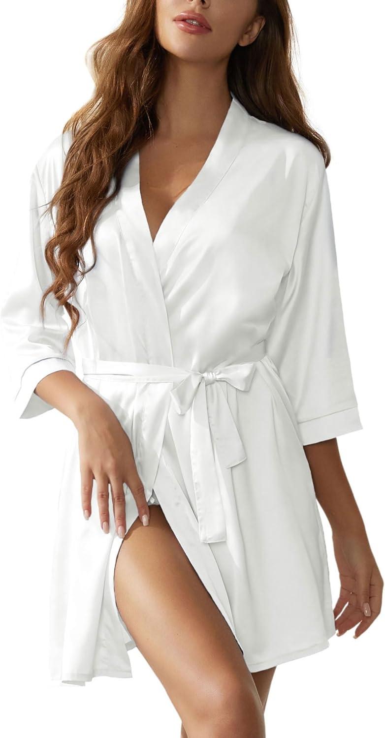 ZZwxWA Batas de Seda para Mujer con Cinturón Dama de Honor Fiesta de Boda Bata de Baño de Kimono Satinado Camisón de Media Manga Ropa de Dormir