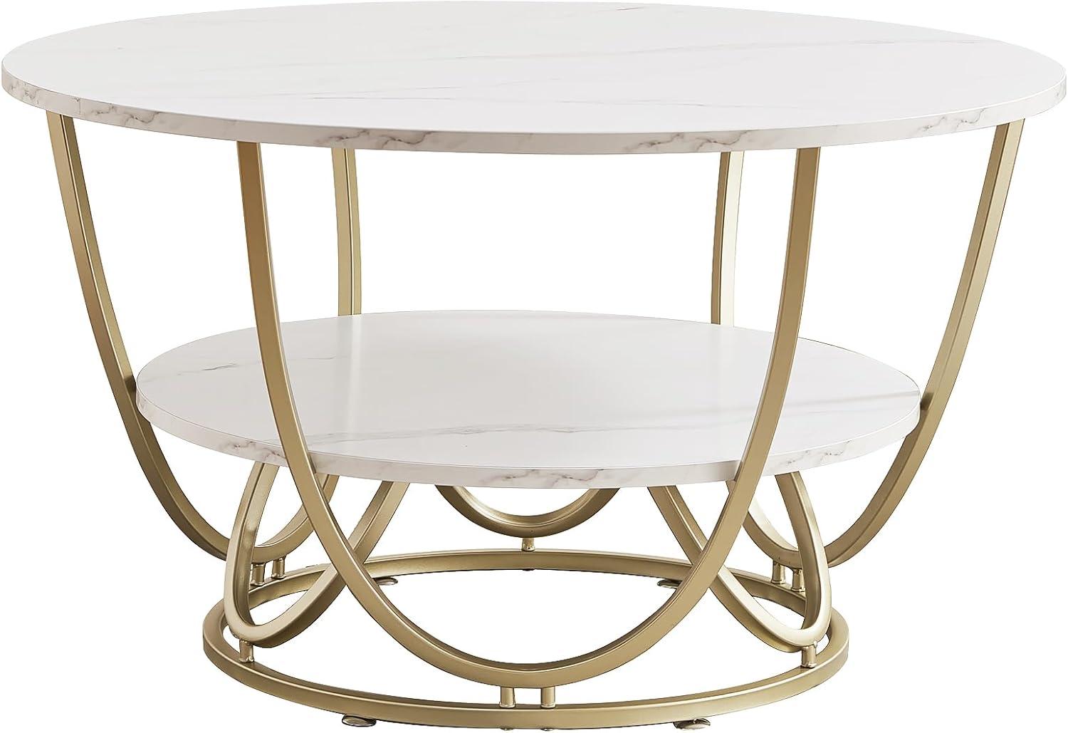 30 Inch White Marble Print Coffee Table with Gold Frame and Storage