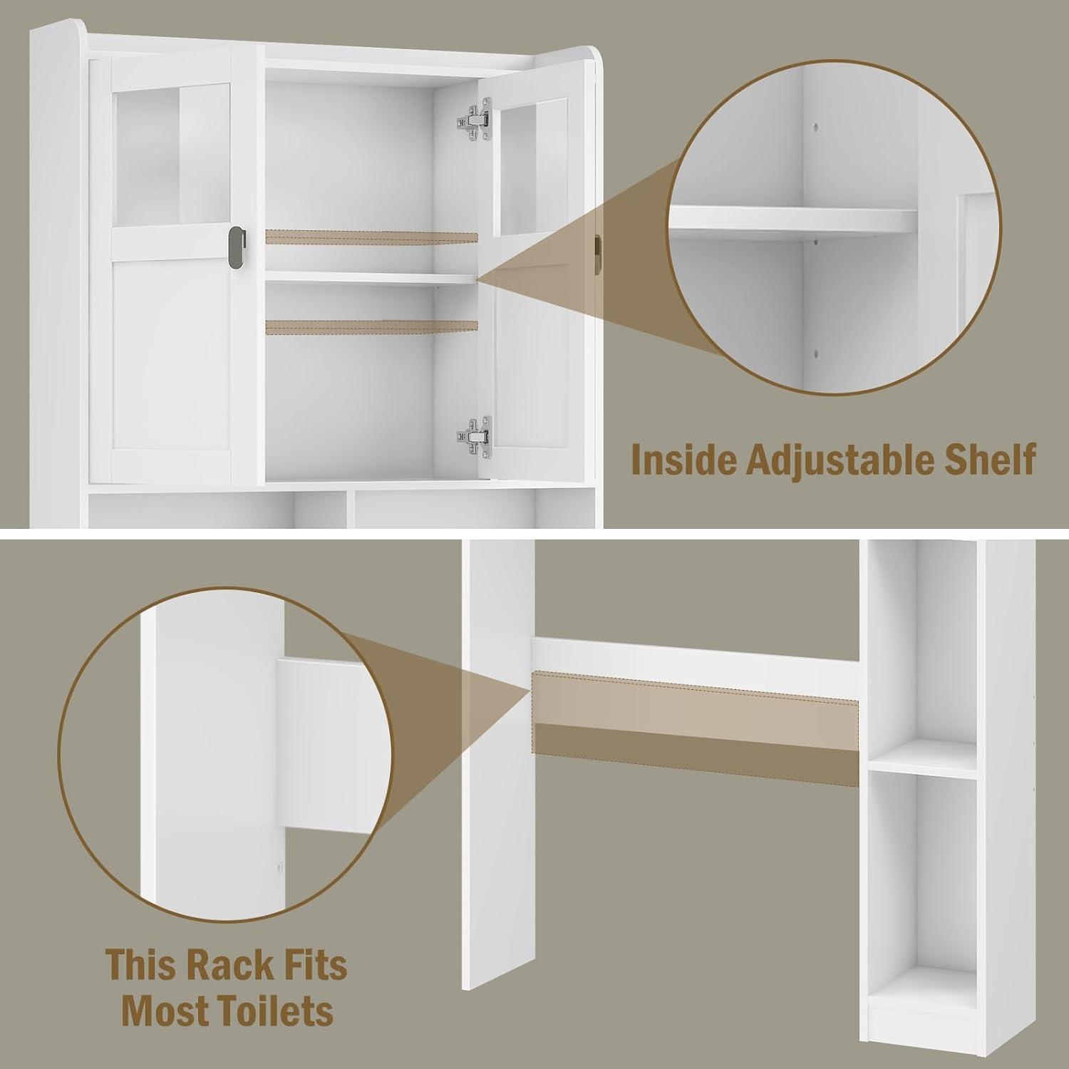 White Adjustable Over-the-Toilet Storage Cabinet with Glass Doors