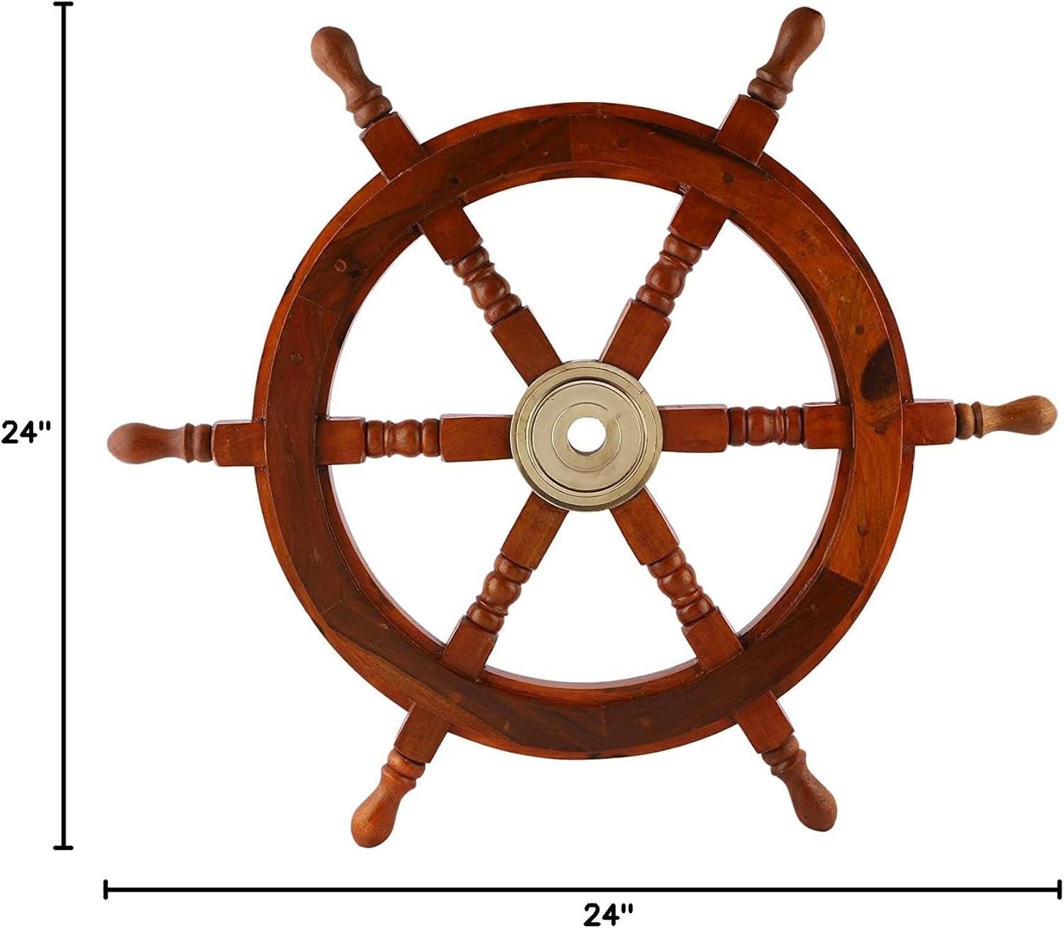 24" Dark Rosewood and Brass Nautical Ship Wheel Decor