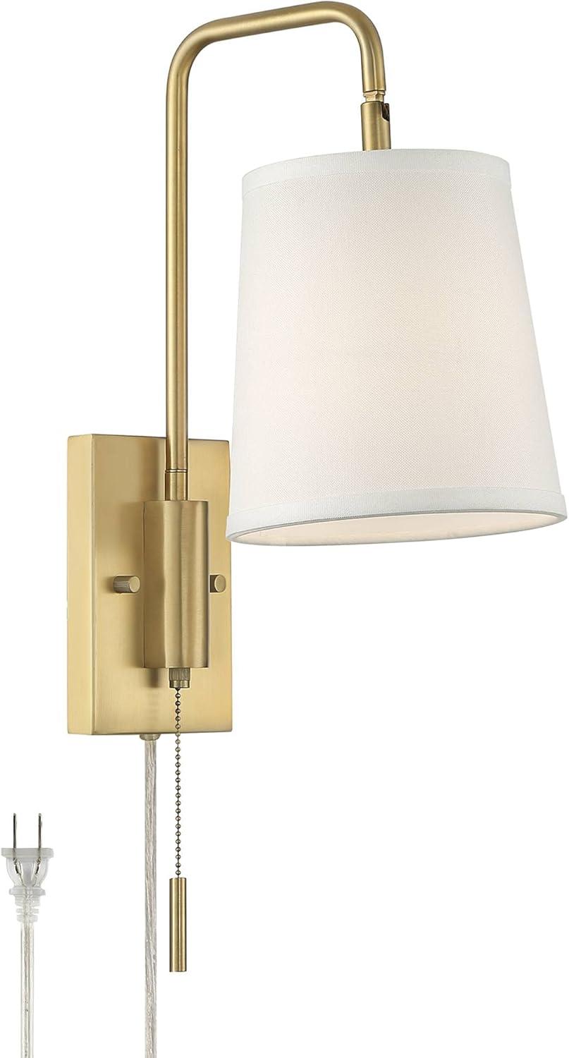 360 Lighting Luca Modern Swing Arm Wall Lamp Warm Brass Metal Plug-in Light Fixture Up Down White Fabric Shade for Bedroom Bedside Living Room Reading