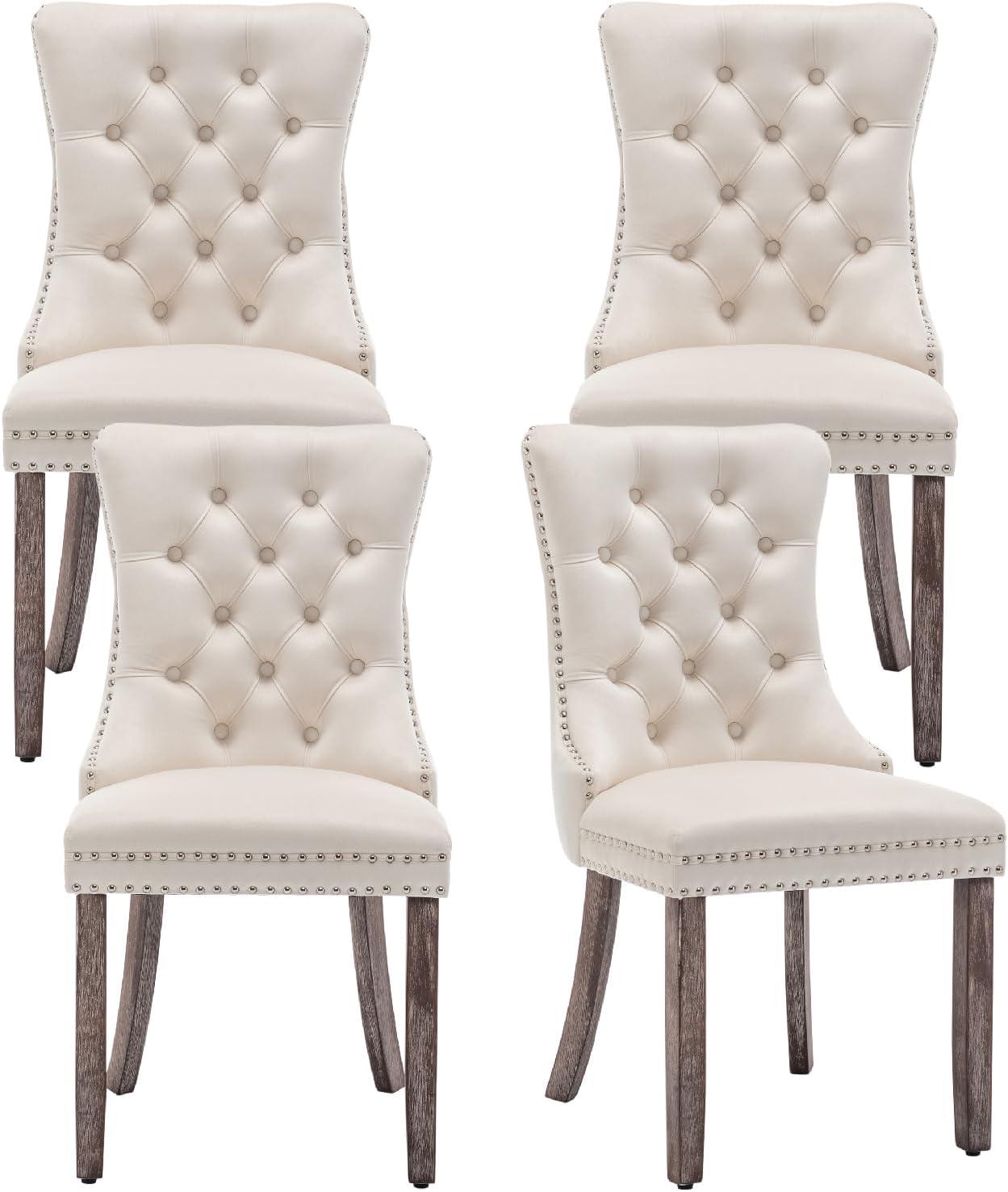 SoarFlash Velvet Dining Chairs Set of 4, Tall Back Side Chair, Modern Upholstered High-end Tufted Side Chair with Button Back Ring, Solid Wood Legs (Beige)