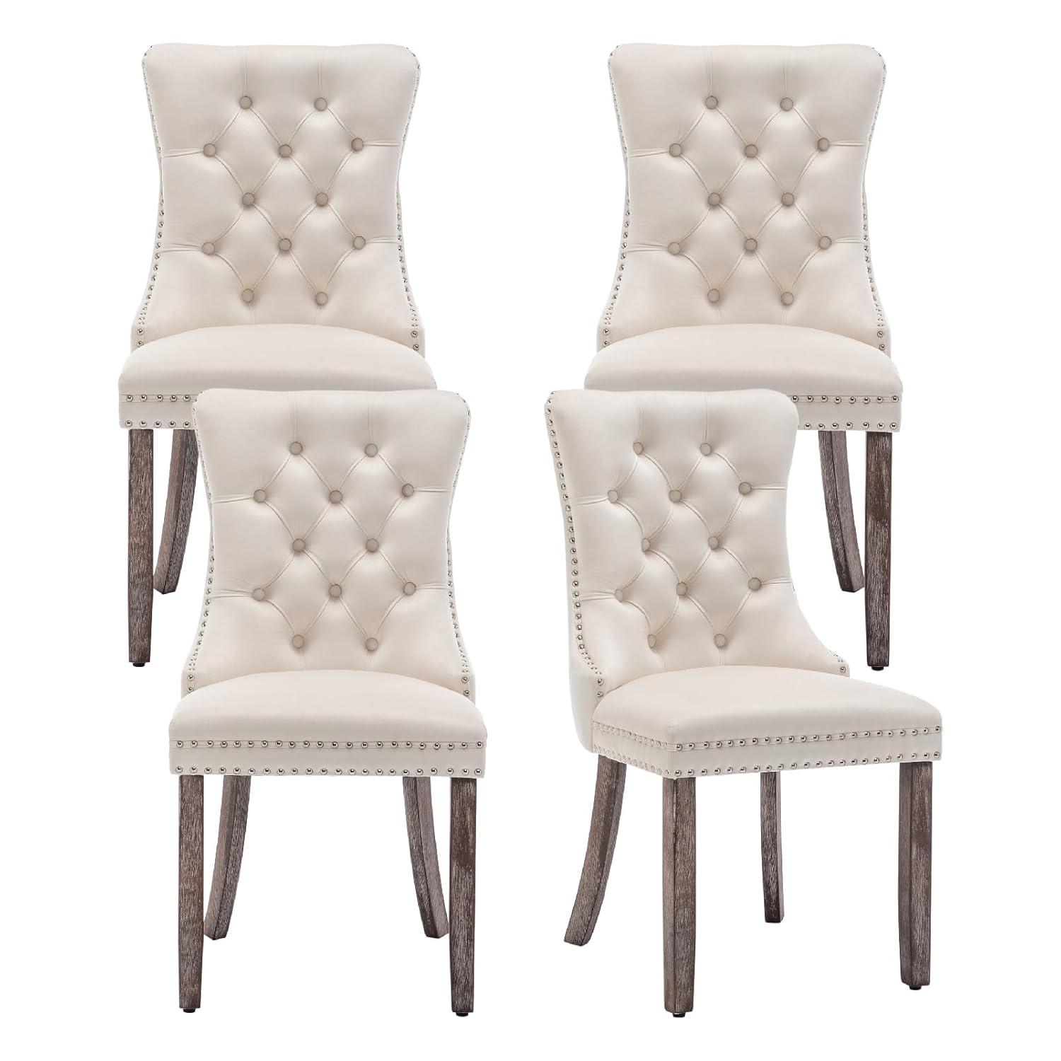 SoarFlash Velvet Dining Chairs Set of 4, Tall Back Side Chair, Modern Upholstered High-end Tufted Side Chair with Button Back Ring, Solid Wood Legs (Beige)