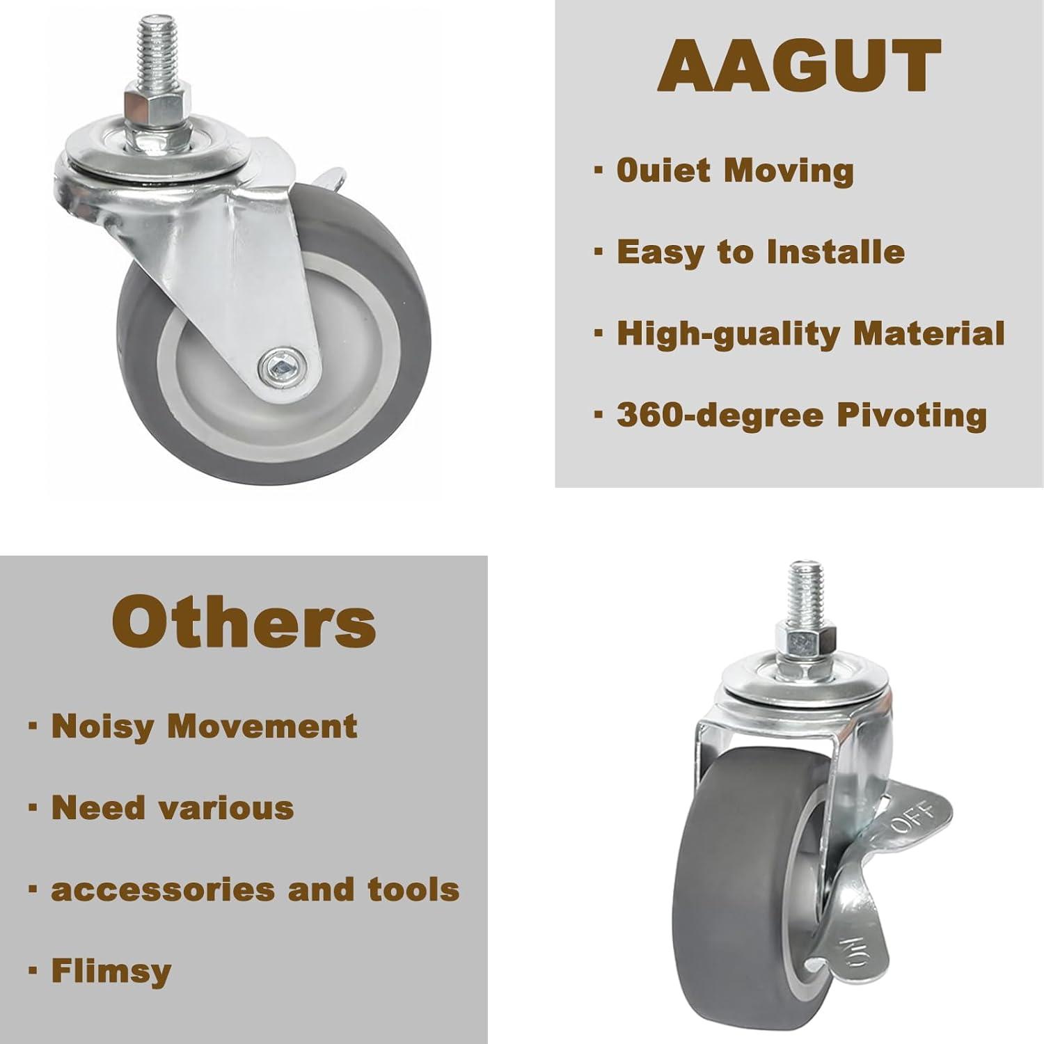 MySit Caster Wheels, Stem Casters Set of 4, 3 Inch 3/8"-16x1" Threaded Stem Mount Industrial Castors, Heavy Duty Rubber Locking Brake Swivel Wheel Replacement for Carts Dolly Workbench Troll