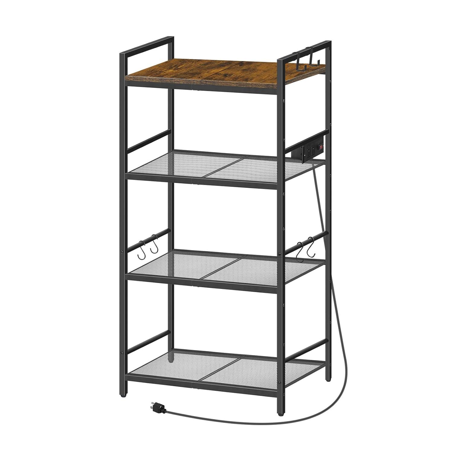 Bakers Rack with Power Outlet, Microwave Stand with Hooks, Multifunctional Storage Rack, Coffee Bar with Enclosure, Kitchen Storage Shelf, for Kitchen, Dining Room, Rustic Brown BRHR40E01N1