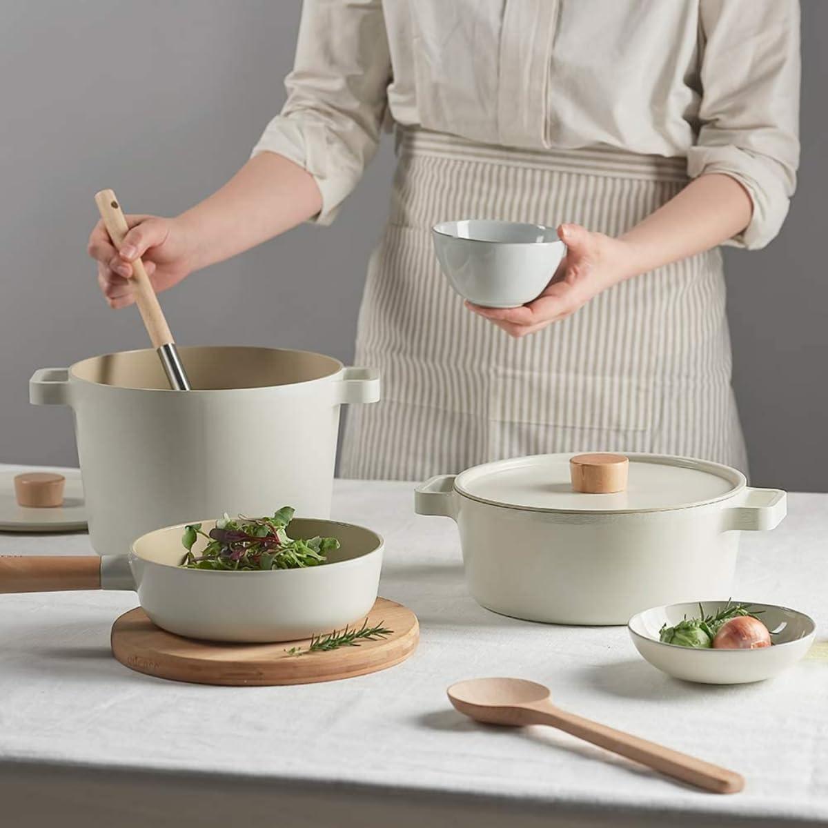 Neoflam Fika 4.9qt Deep Stock Pot with Glass Lid and Wood Knob, Made in Korea (22cm)