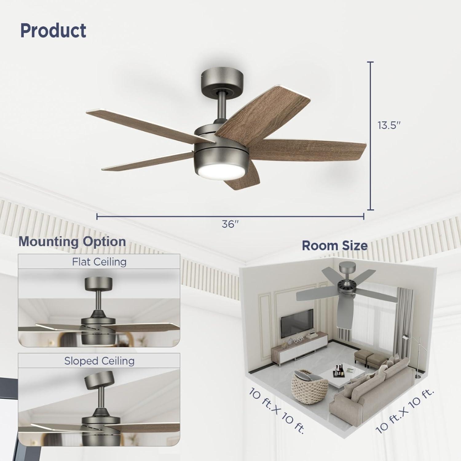 Ceiling Fan with Light Remote: 36 Inch Small Ceiling Fans for Kids Bedroom Dorm Room Small Room- Reversible Quiet DC Motor Dimmable Light with 6 Speeds(Bronze+Walnut)