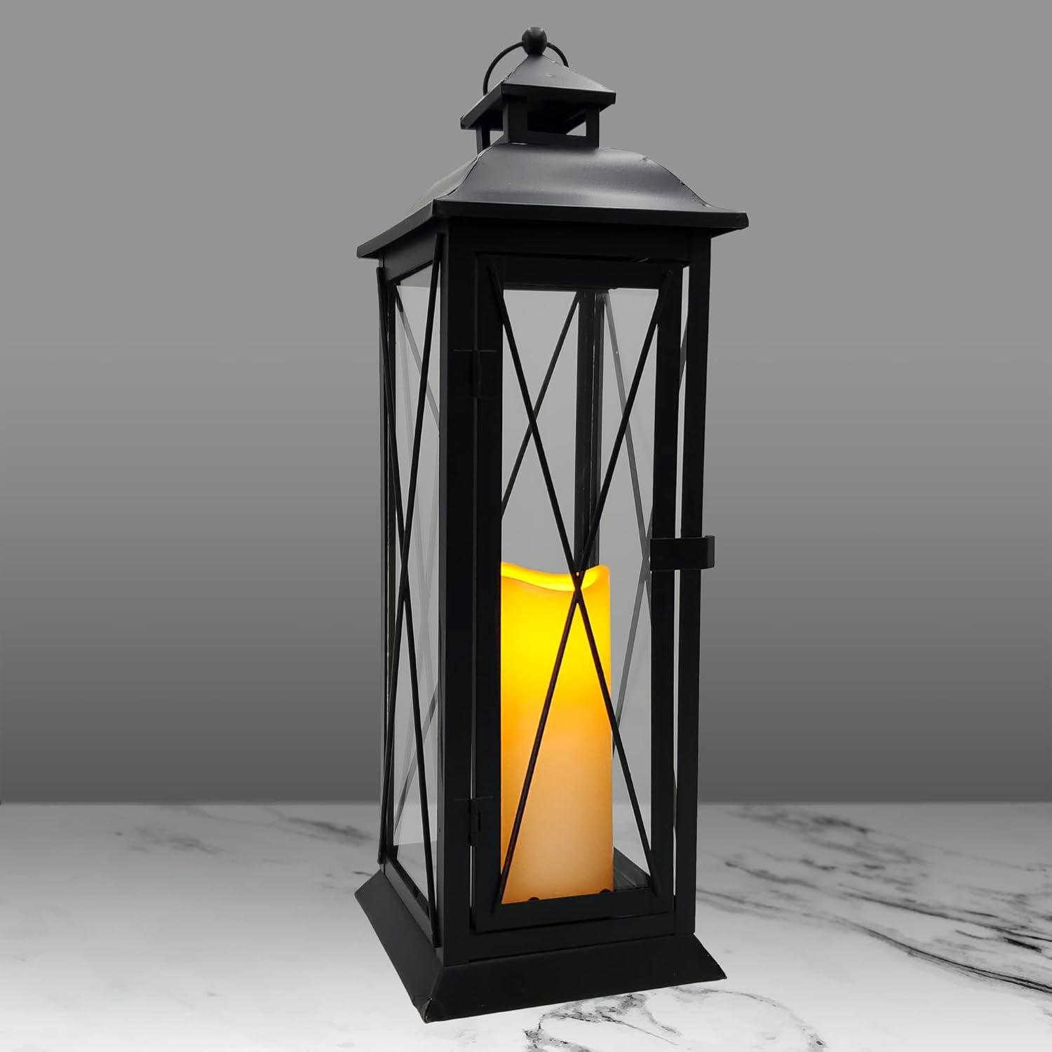 Black Metal Lantern with Amber LED Candle