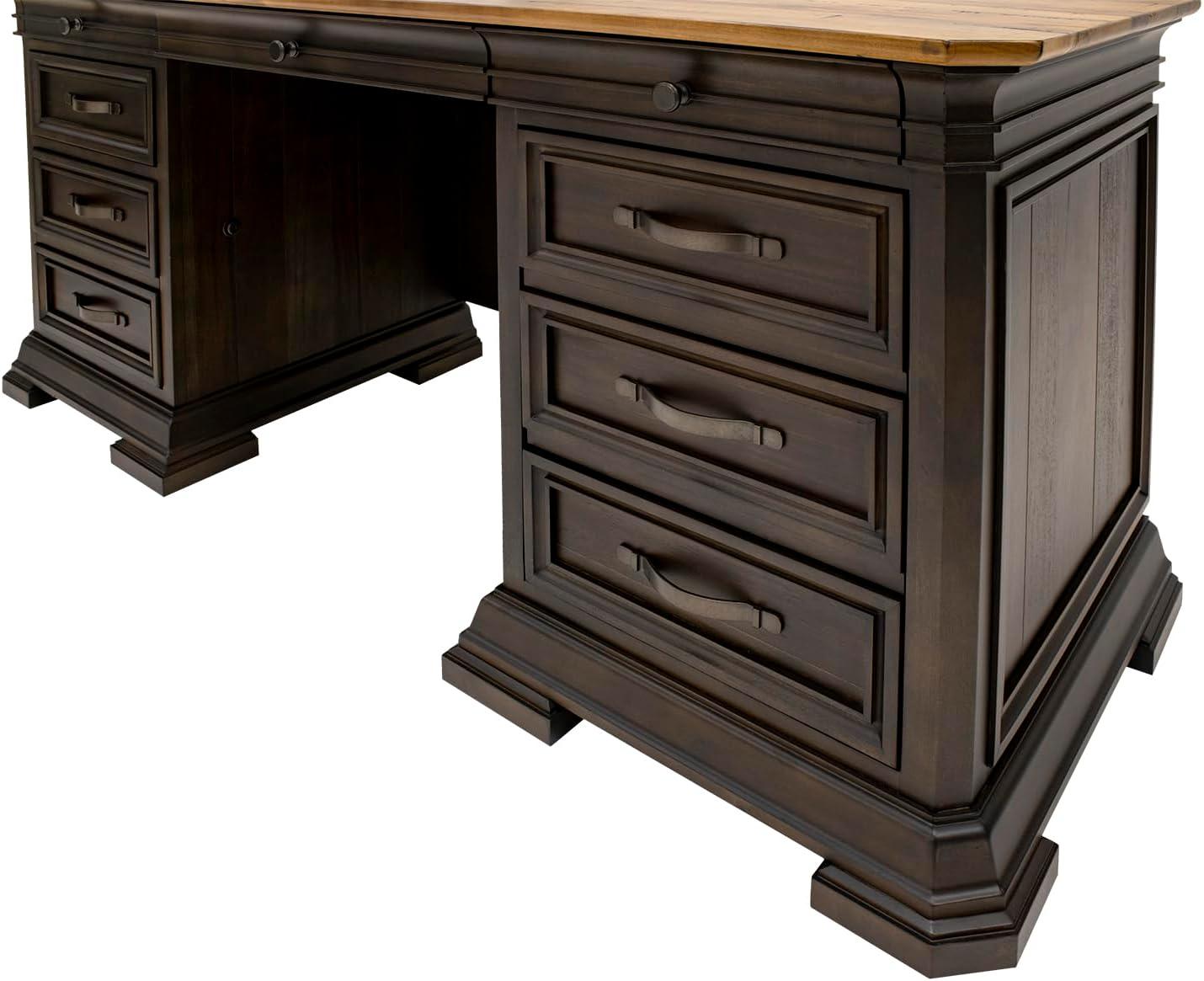 Executive Credenza Desk Writing Table With Solid Wood Plank Top Brown