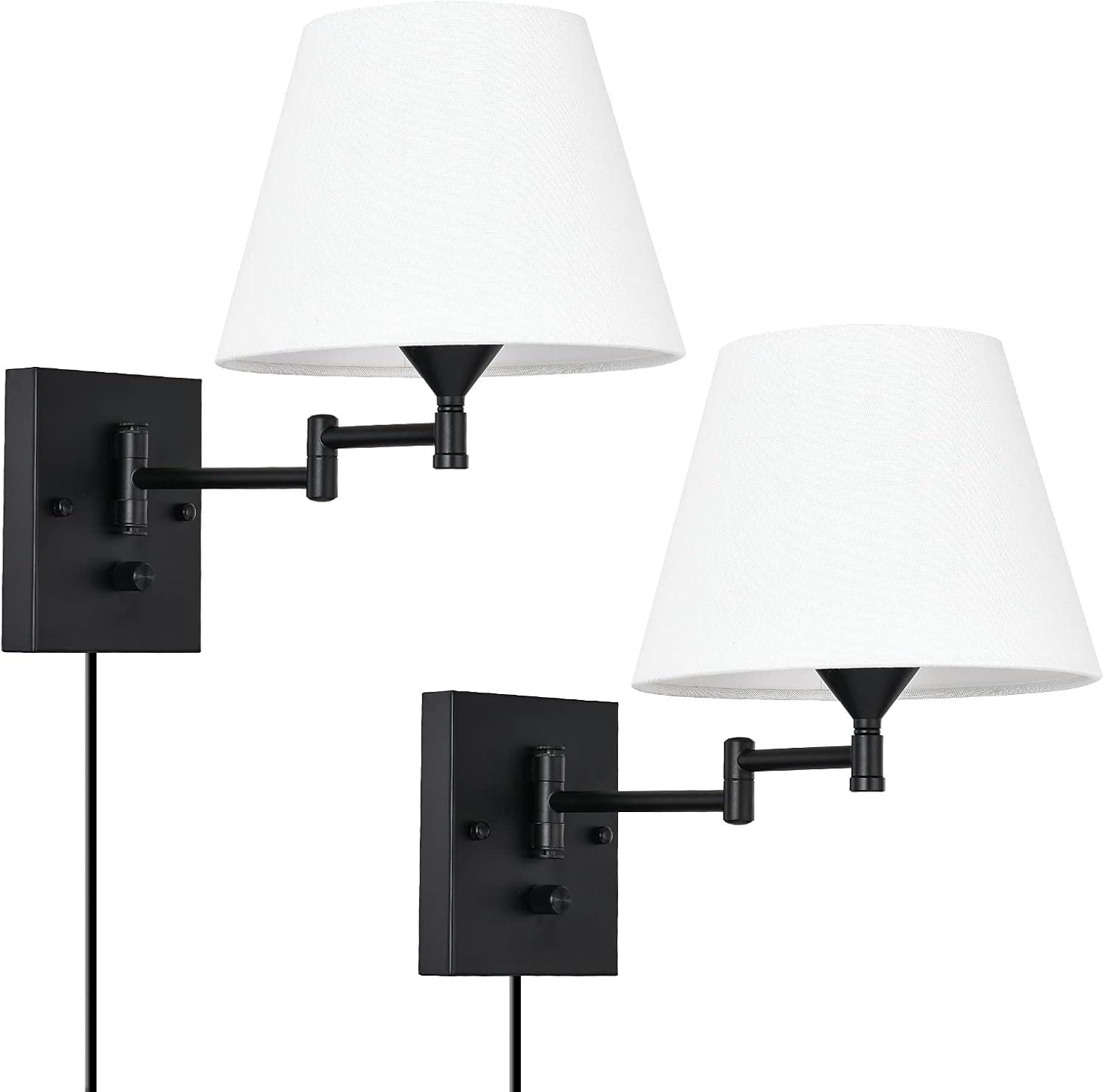 Black Metal Swing Arm Wall Sconce with White Fabric Shade