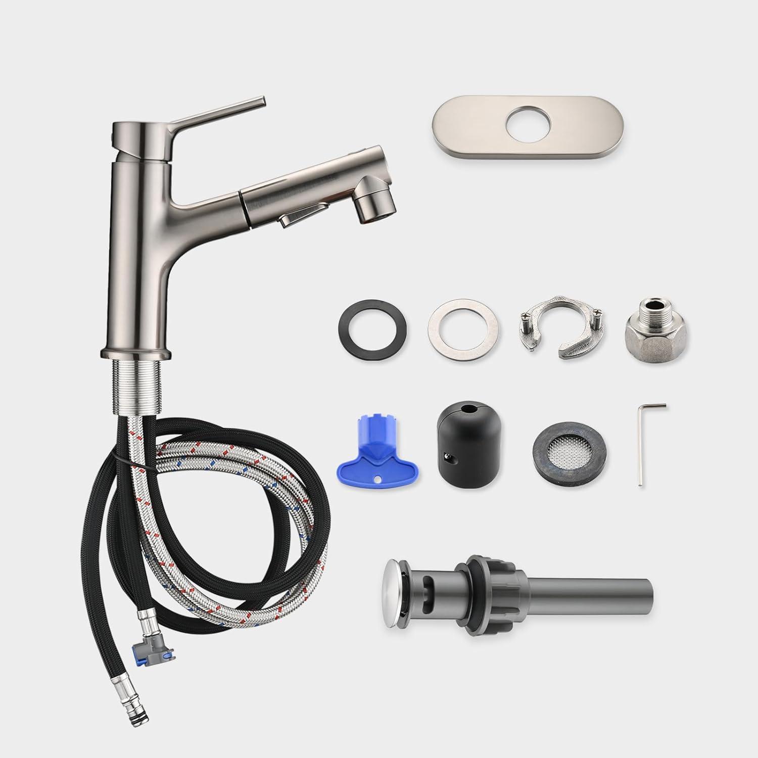 Single Handle 1 or 3-Hole Bathroom Faucet with Deckplate Included and Pull Out Sprayer in Brushed Gold