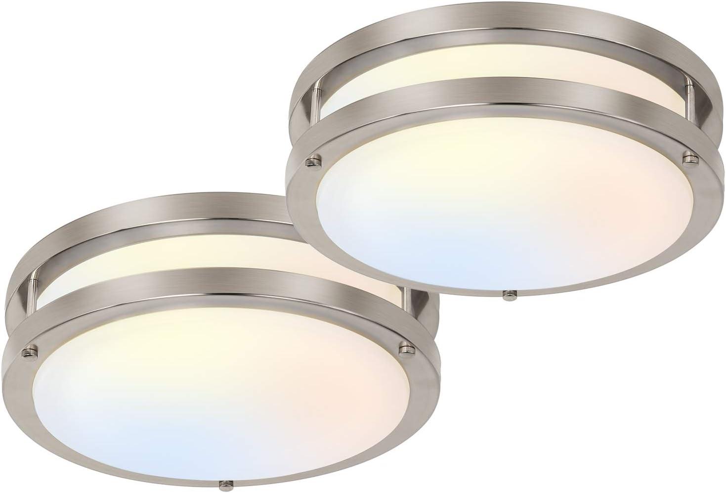 13-Inch Brushed Nickel LED Flush Mount Ceiling Light, 2-Pack