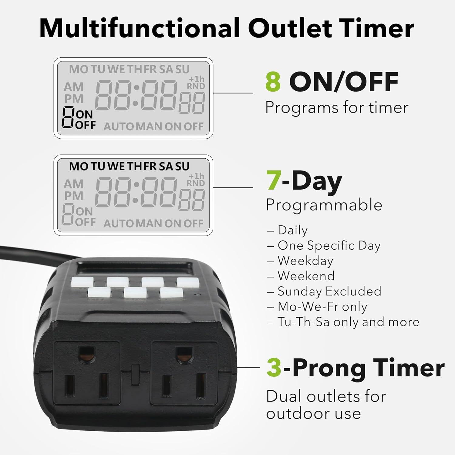 BN-LINK 7 Day Outdoor Heavy Duty Digital Programmable Timer, Outdoor Timer Outlet Waterproof, Grounded Electrical Outlets for Christmas Lights Lamps Ponds, 1875W 1/2HP, ETL Listed