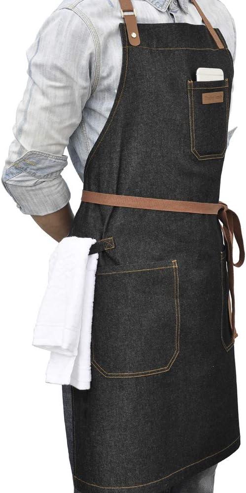 Apron with Pockets, Mens Womens Chef Bib Apron for Kitchen Cooking Grill BBQ Baking Server with Towel Loop