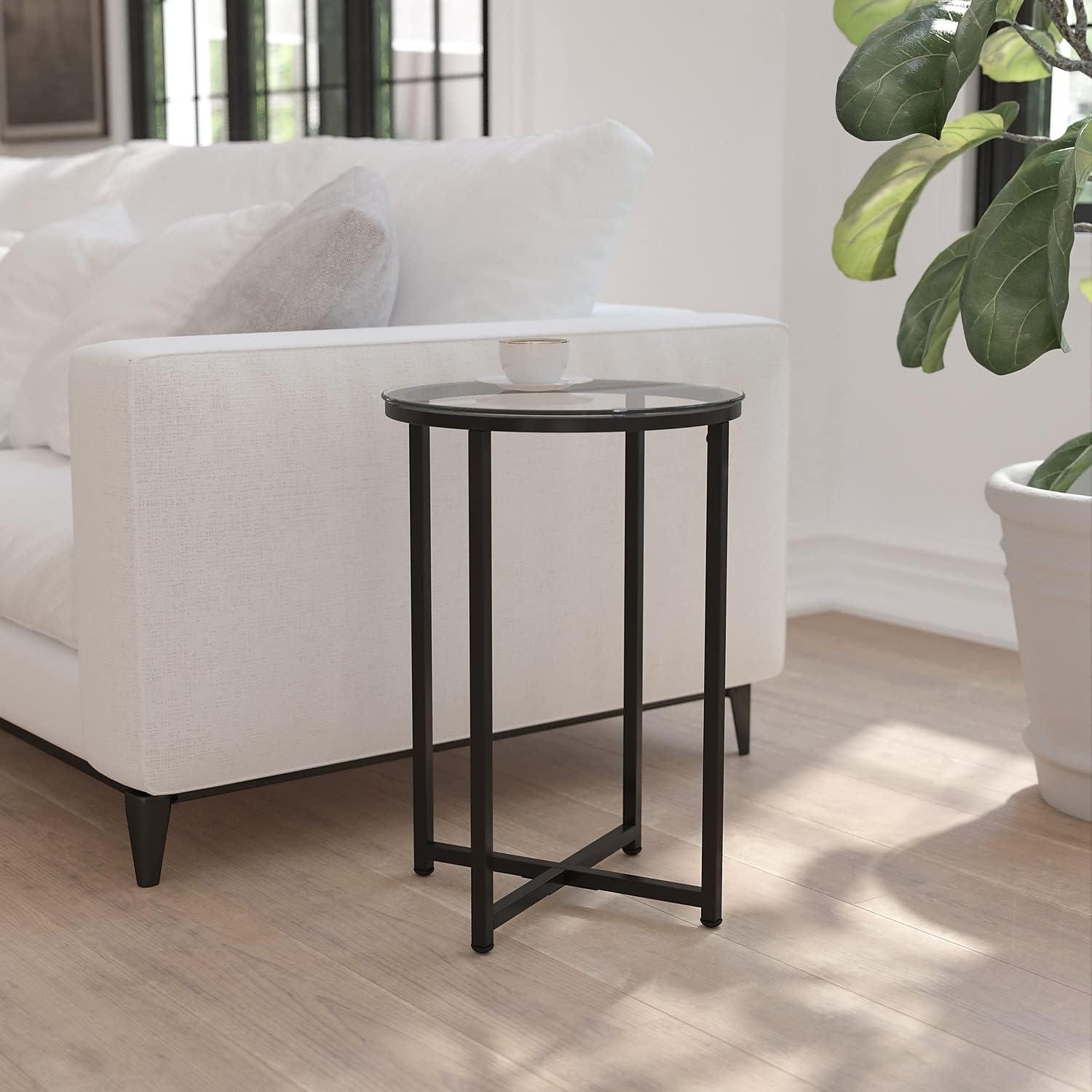 Round Clear Glass End Table with Matte Black Metal Frame