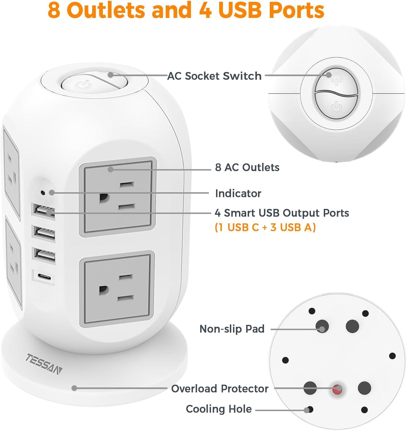 White Tower Surge Protector Power Strip with USB Ports and 10 ft Cord