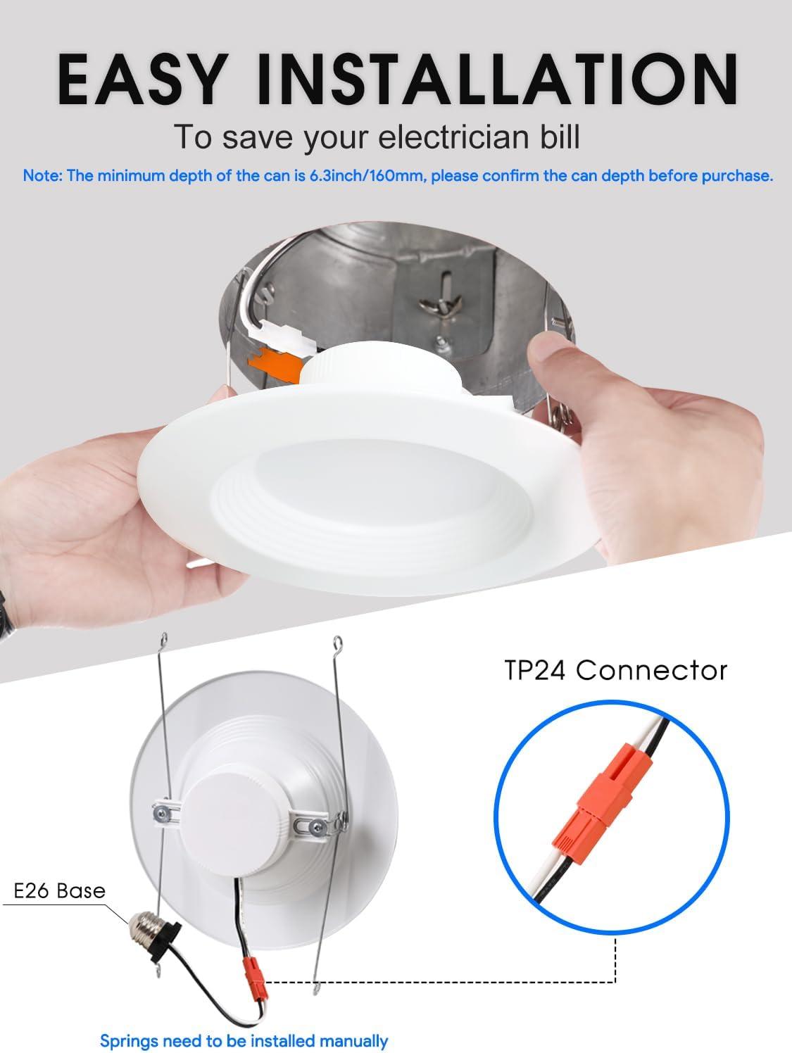 12 Pack 5/6 Inch 5CCT LED Recessed Lighting Retrofit, 2700K/3000K/4000K/5000K/6500K Selectable, Dimmable Can Lights with Baffle Trim, 12W=150W, High Brightness 1000LM, IC& Wet Rated, ETL&FCC Certified