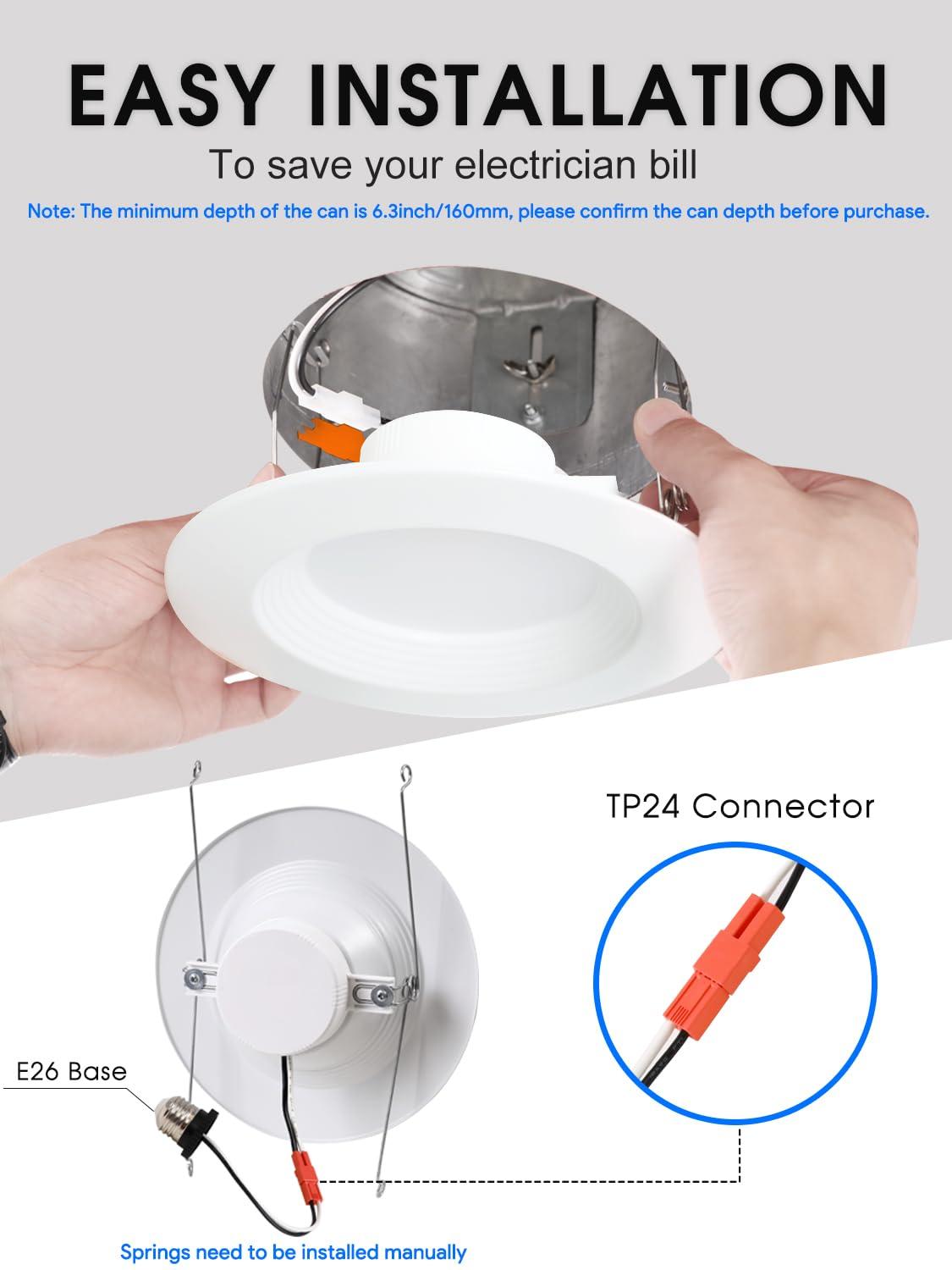 12 Pack 5/6 Inch 5CCT LED Recessed Lighting Retrofit, 2700K/3000K/4000K/5000K/6500K Selectable, Dimmable Can Lights with Baffle Trim, 12W=150W, High Brightness 1000LM, IC& Wet Rated, ETL&FCC Certified