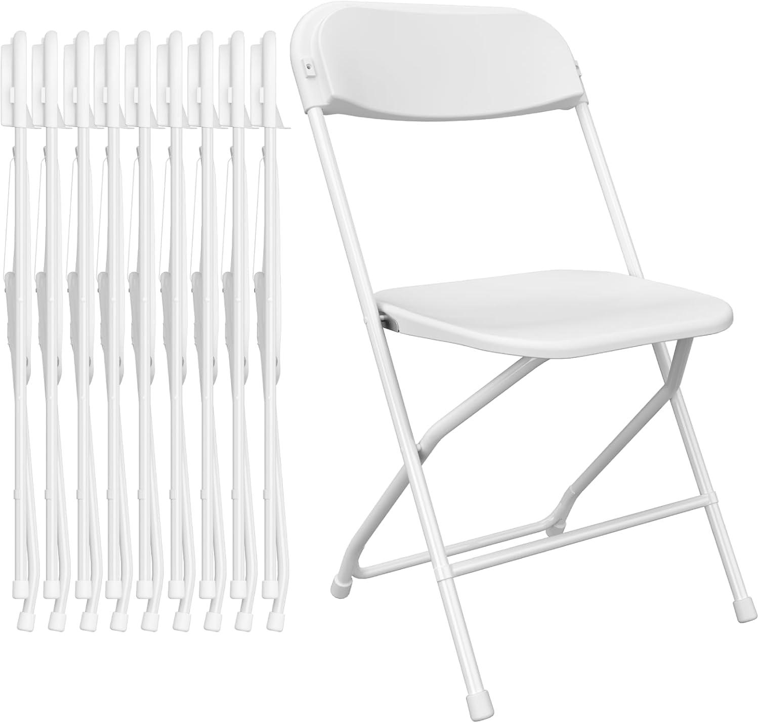 White Folding Chair, Plastic Folding Chairs 10 Pack for Outside, Indoor Outdoor Chairs with Steel Frame, Foldable Chair for Wedding Camping Dining Renting in Patio Lawn, 350LBS Capacity