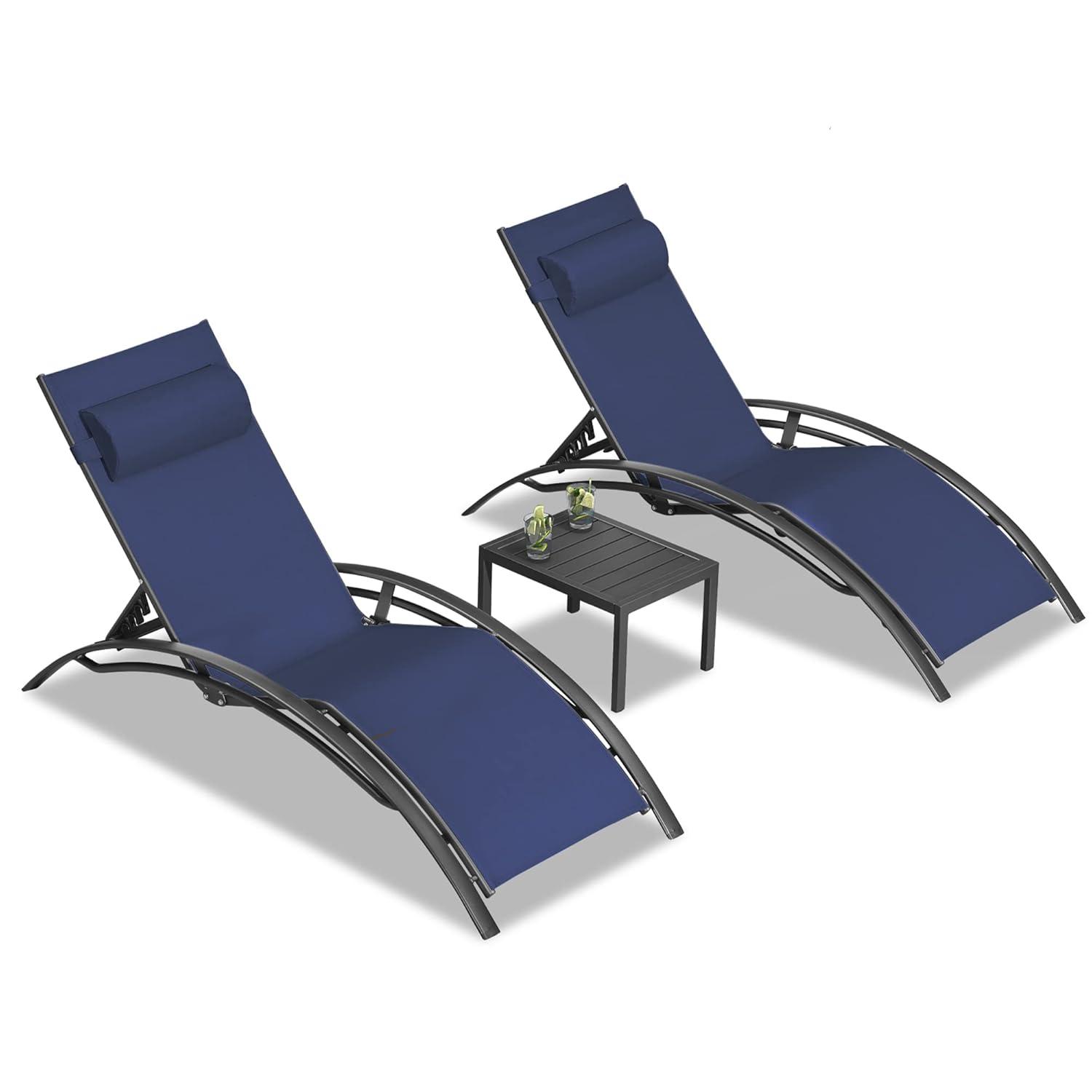 PURPLE LEAF Patio Chaise Lounge Set Outdoor Beach Pool Sunbathing Lawn Lounger Recliner Outside Tanning Chairs with Arm for All Weather Side Table Included Navy Blue