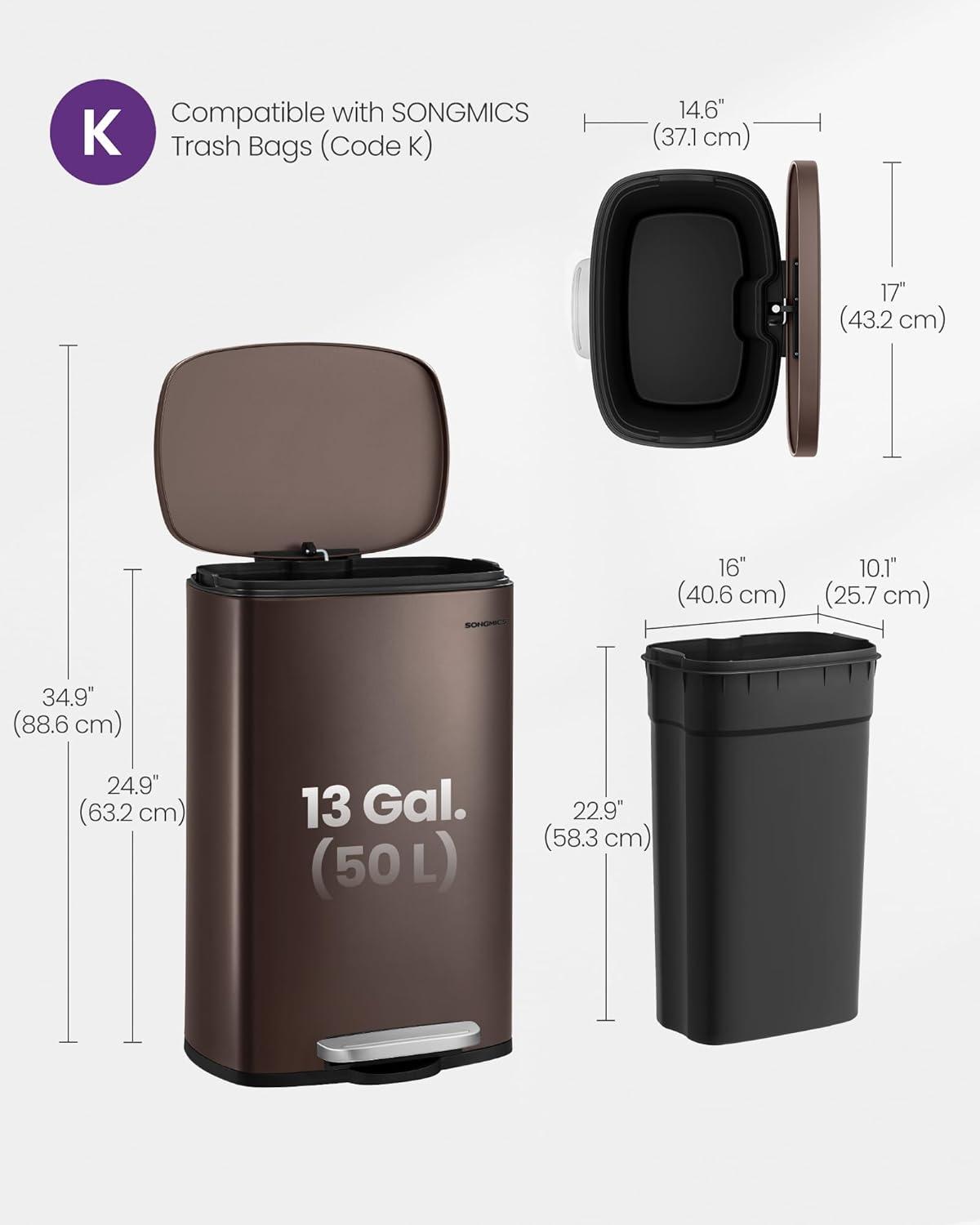Songmics Stainless Steel Step On Fingerprint-resistant Trash Can with Back Handle