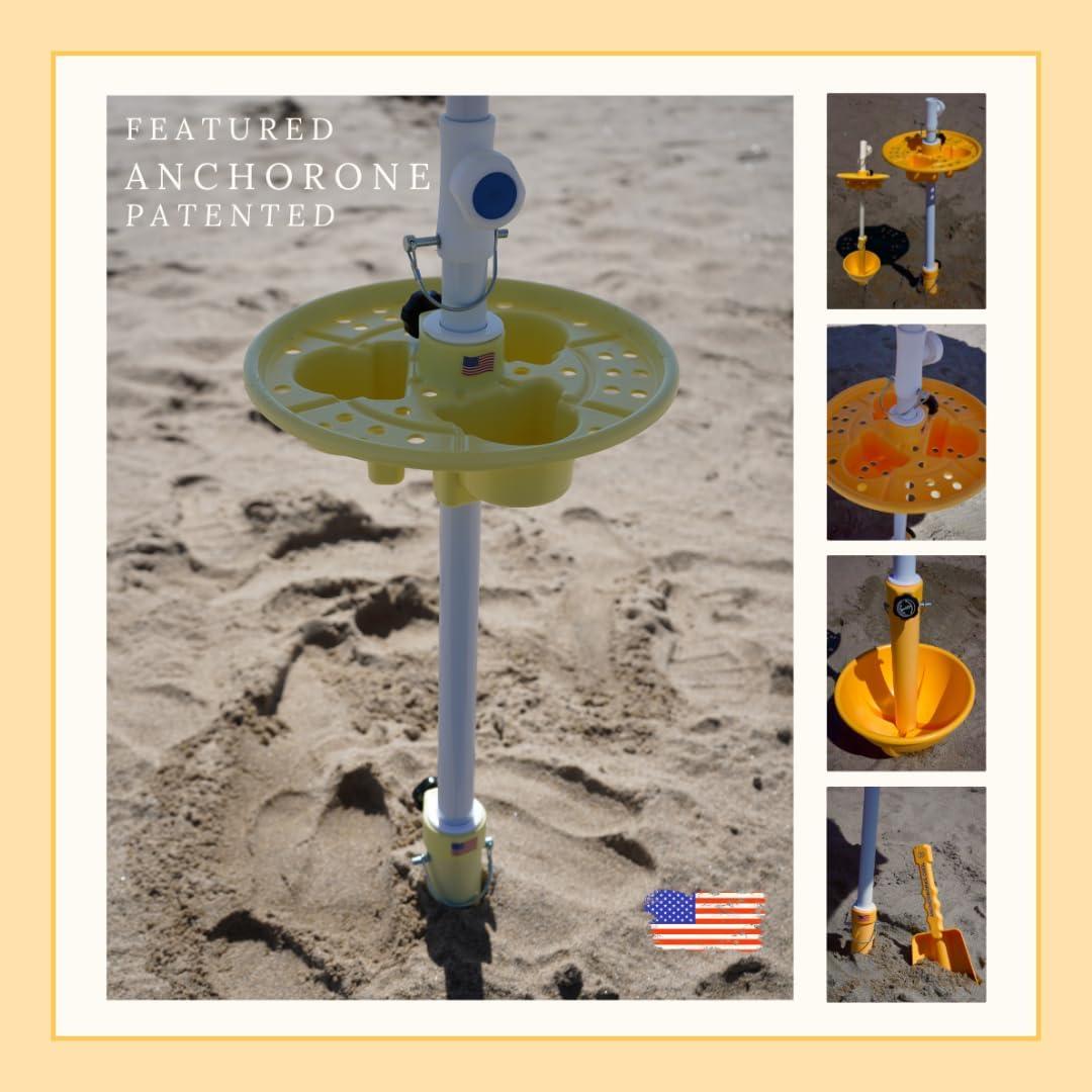 Anchor Works: Classic Beach Umbrella & AnchorONE Kit – Sky Blue - 7.5ft, Carry Bag, Sand Shovel & Drink Tray, UV-Protected, Outdoor Sun Canopy