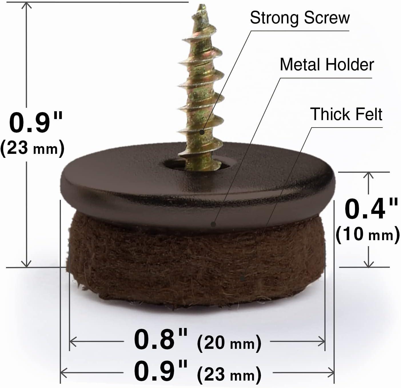 Brown Screw-On Felt Furniture Pads for Hardwood Floors, 0.8" Premium Chair Glides, 24 Pieces