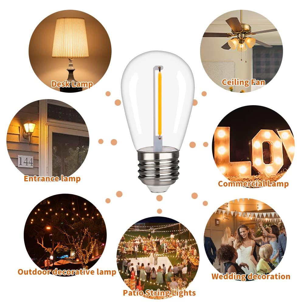 Svater Replacement Bulbs for Outdoor String Lights, 15 Pack S14 LED Bulbs for Patio, E26 Base 1W Bulb Equal to 11W Incandescent, Dimmable,Shatterproof 2700K Warm White
