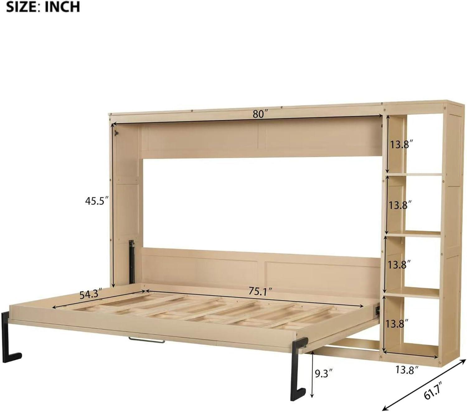 SOFTSEA Modern Murphy Bed Cabinet Bed with Bookshelf, Full Size Foldable Platform Bed Frame with Storage Racks, for Home Guest Room Small Room, Natural