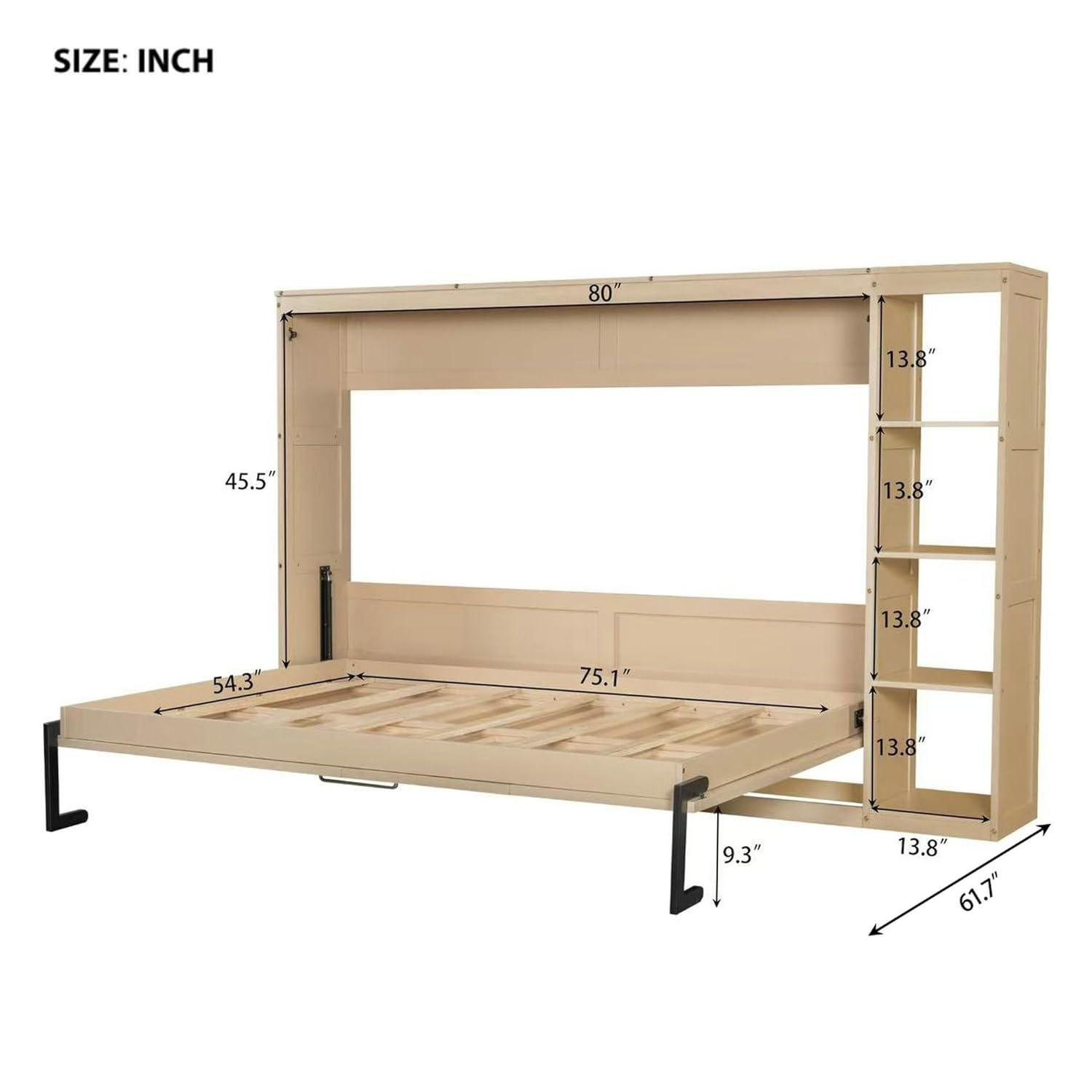 SOFTSEA Modern Murphy Bed Cabinet Bed with Bookshelf, Full Size Foldable Platform Bed Frame with Storage Racks, for Home Guest Room Small Room, Natural